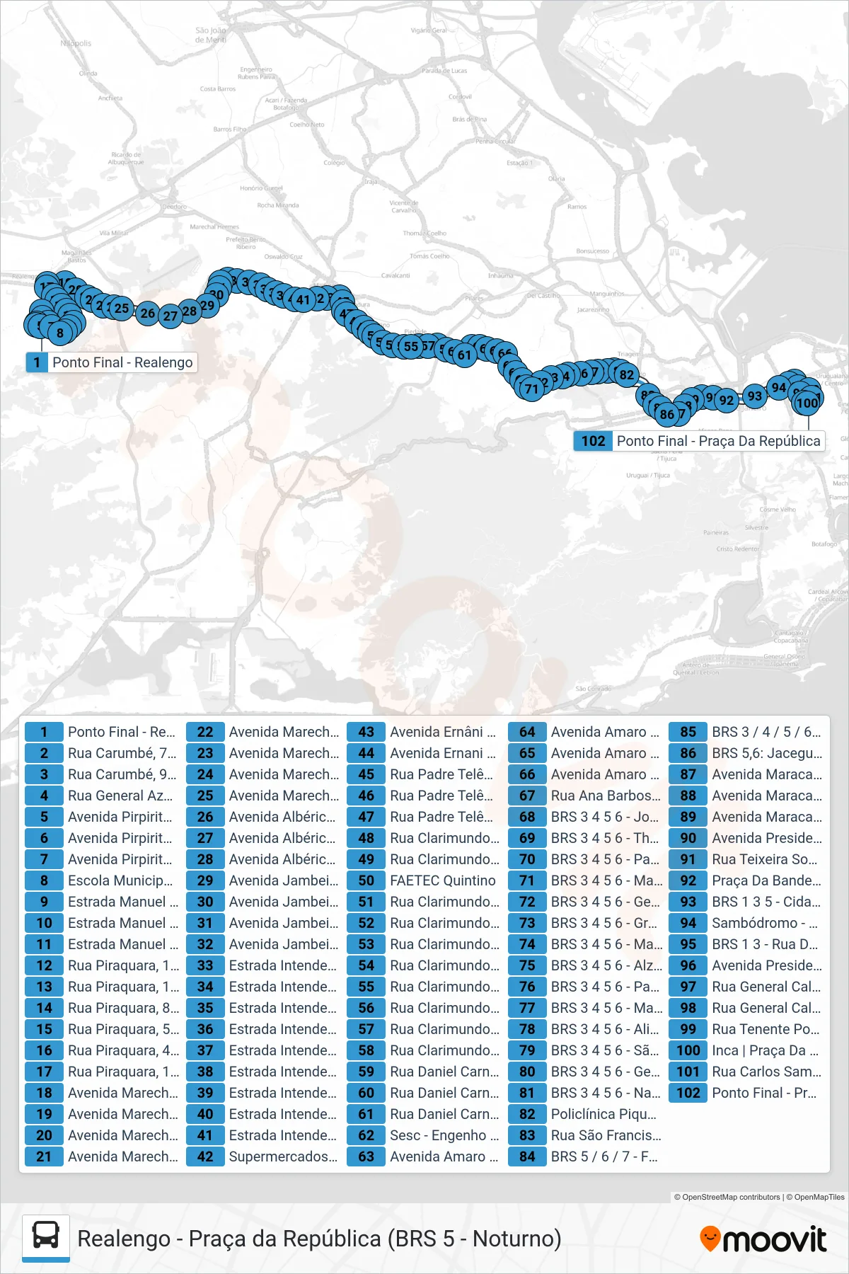 SN 383 bus Line (Praça da República) route and stops on a map