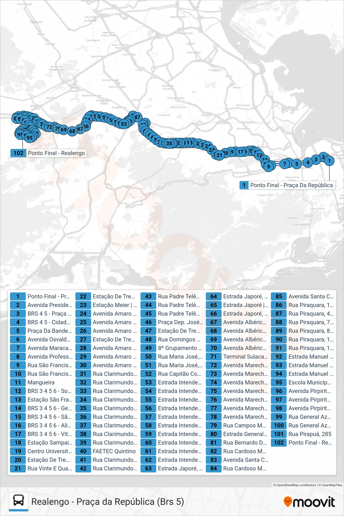 Rota e paradas da linha de ônibus 383 (Realengo) no mapa