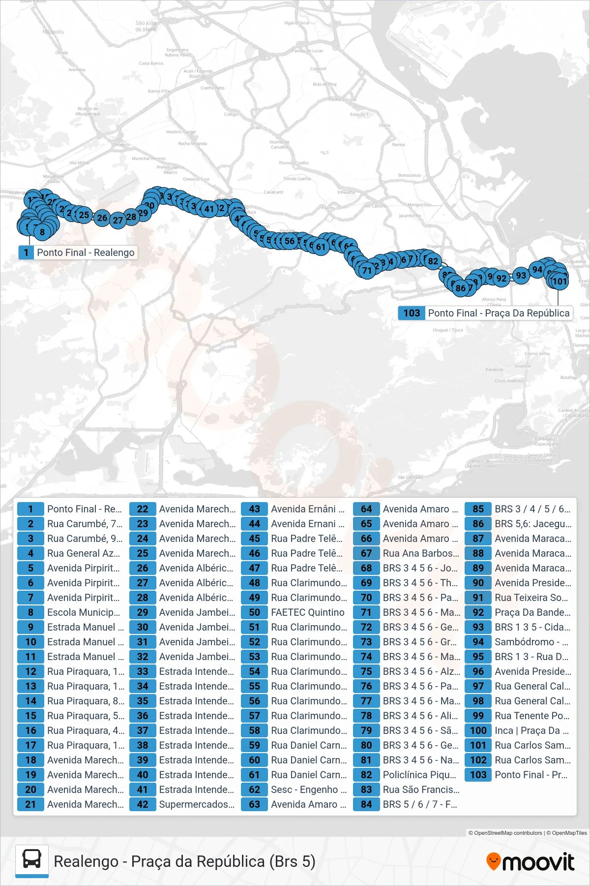 Rota e paradas da linha de ônibus 383 (Praça Da República (Área De Lazer)) no mapa