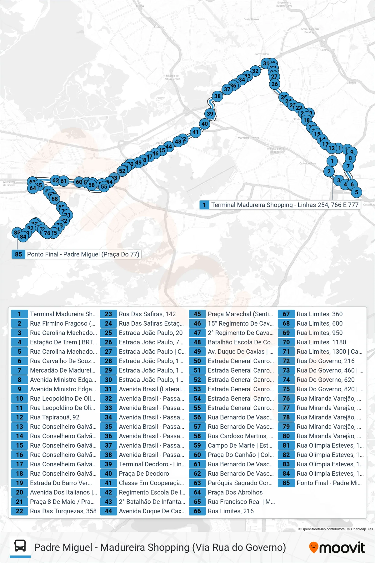 777 bus Line (Padre Miguel) route and stops on a map