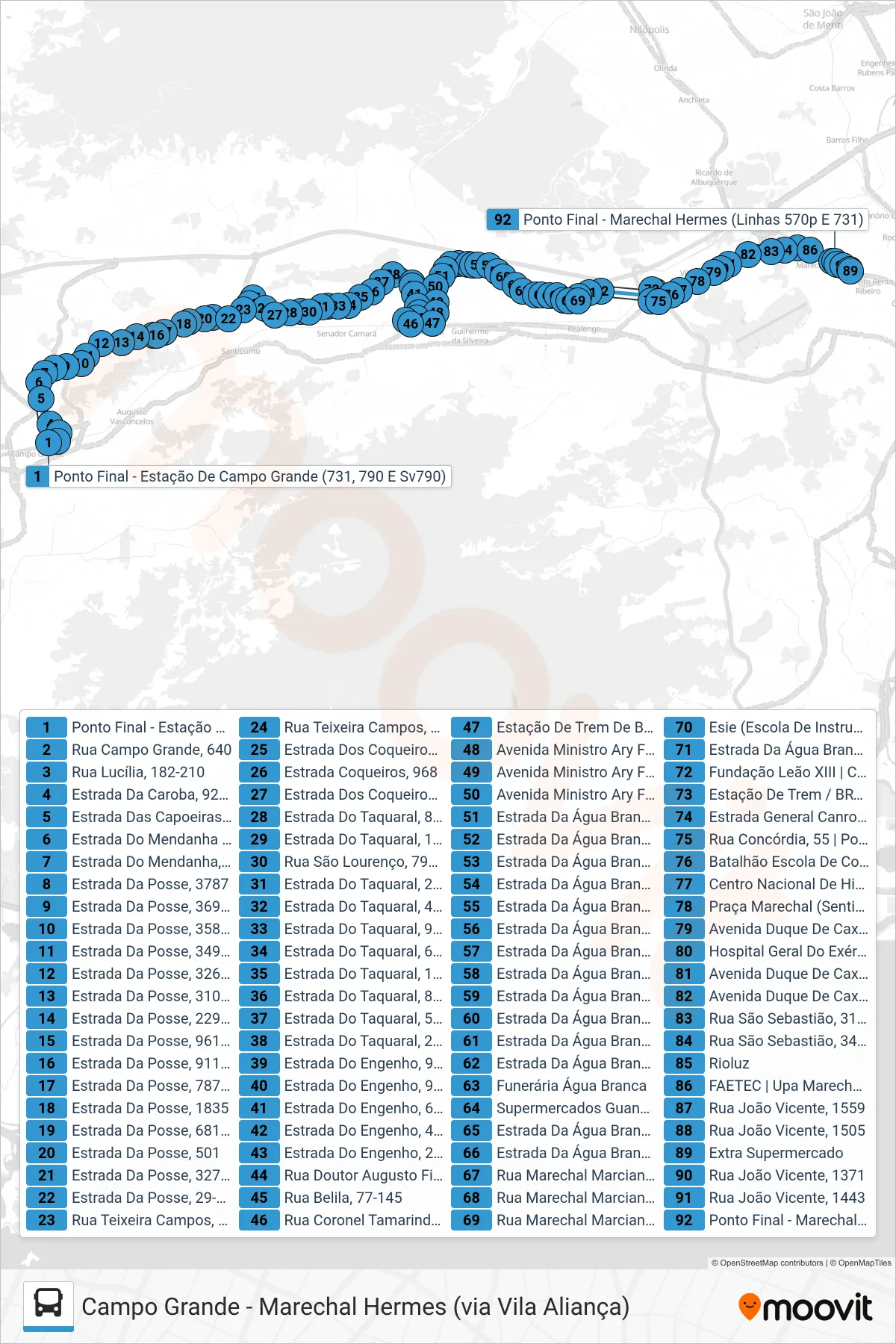 Rota e paradas da linha de ônibus 731 (Marechal Hermes) no mapa