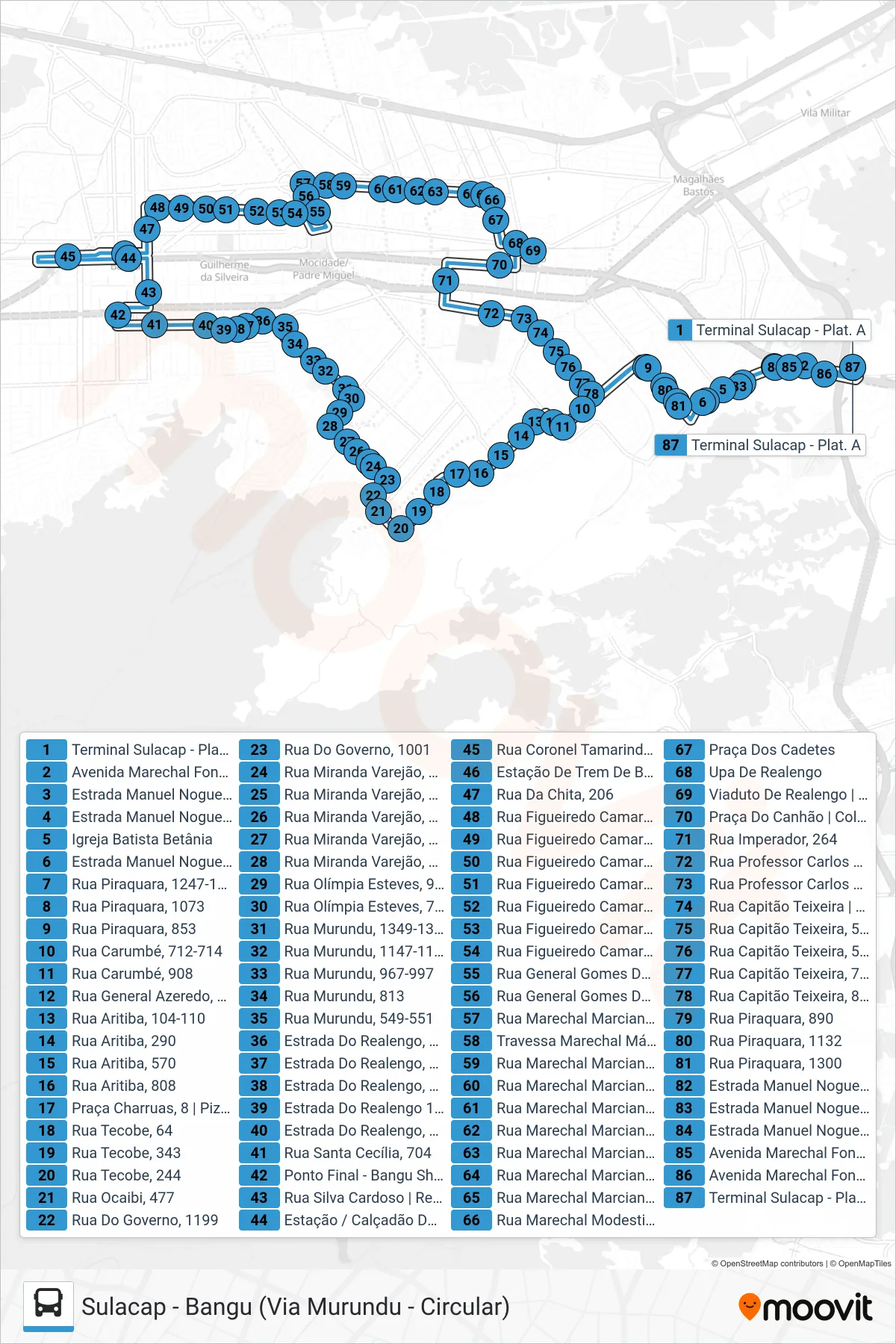 Rota e paradas da linha de ônibus 741 (Sulacap ↔ Bangu (Circular)) no mapa