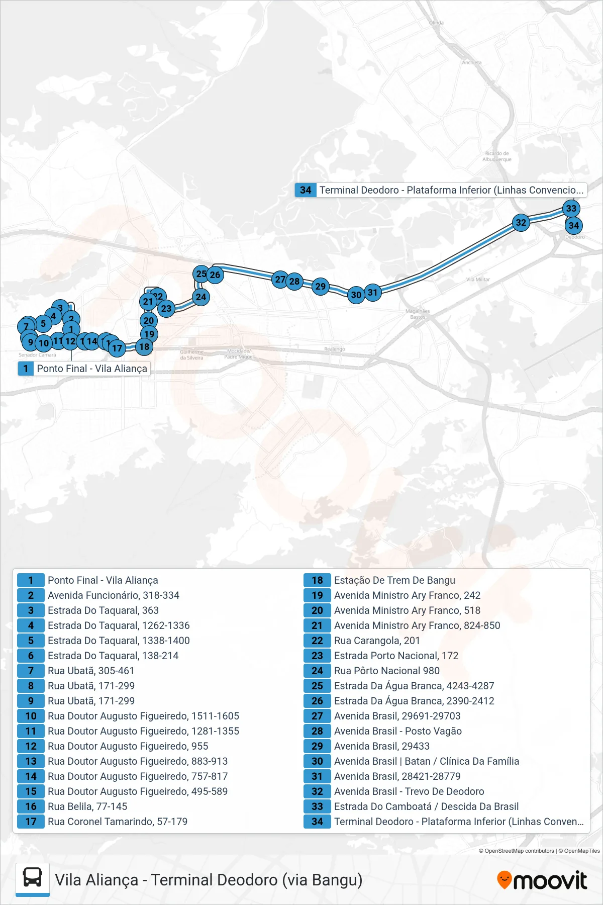 SP 389 bus Line (Terminal Deodoro) route and stops on a map