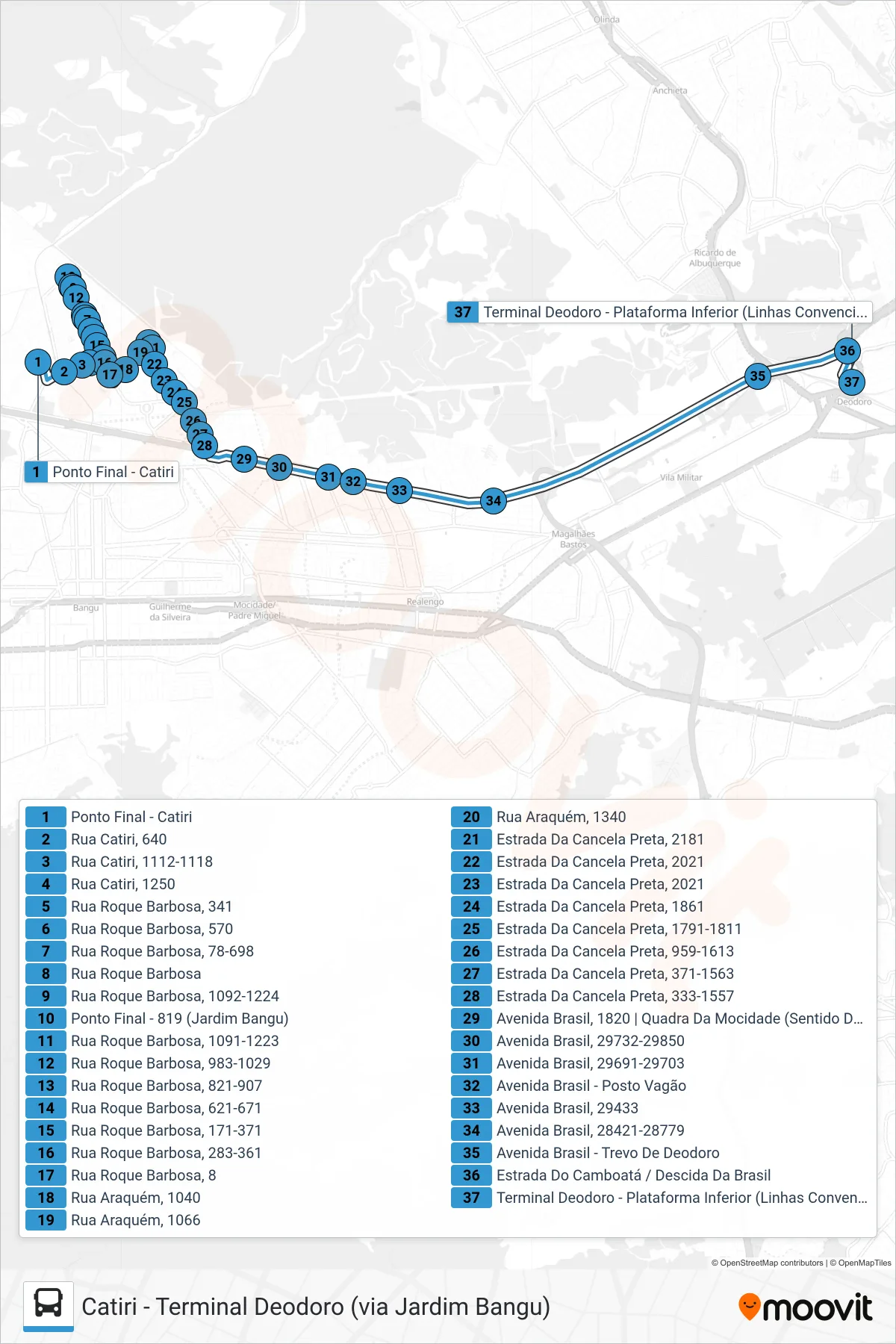 Rota e paradas da linha de ônibus 764 (Terminal Deodoro) no mapa