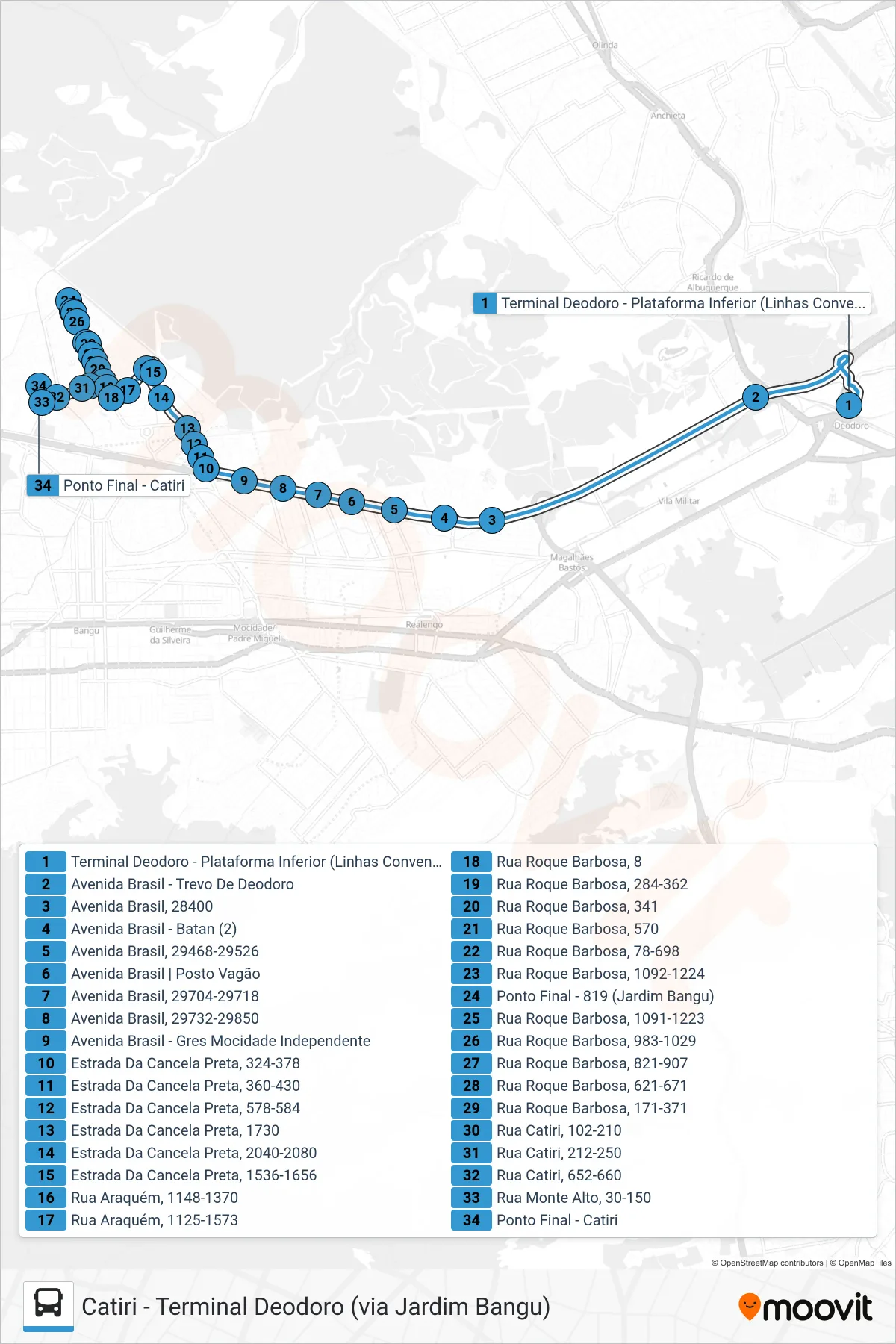 Rota e paradas da linha de ônibus 764 (Catiri) no mapa
