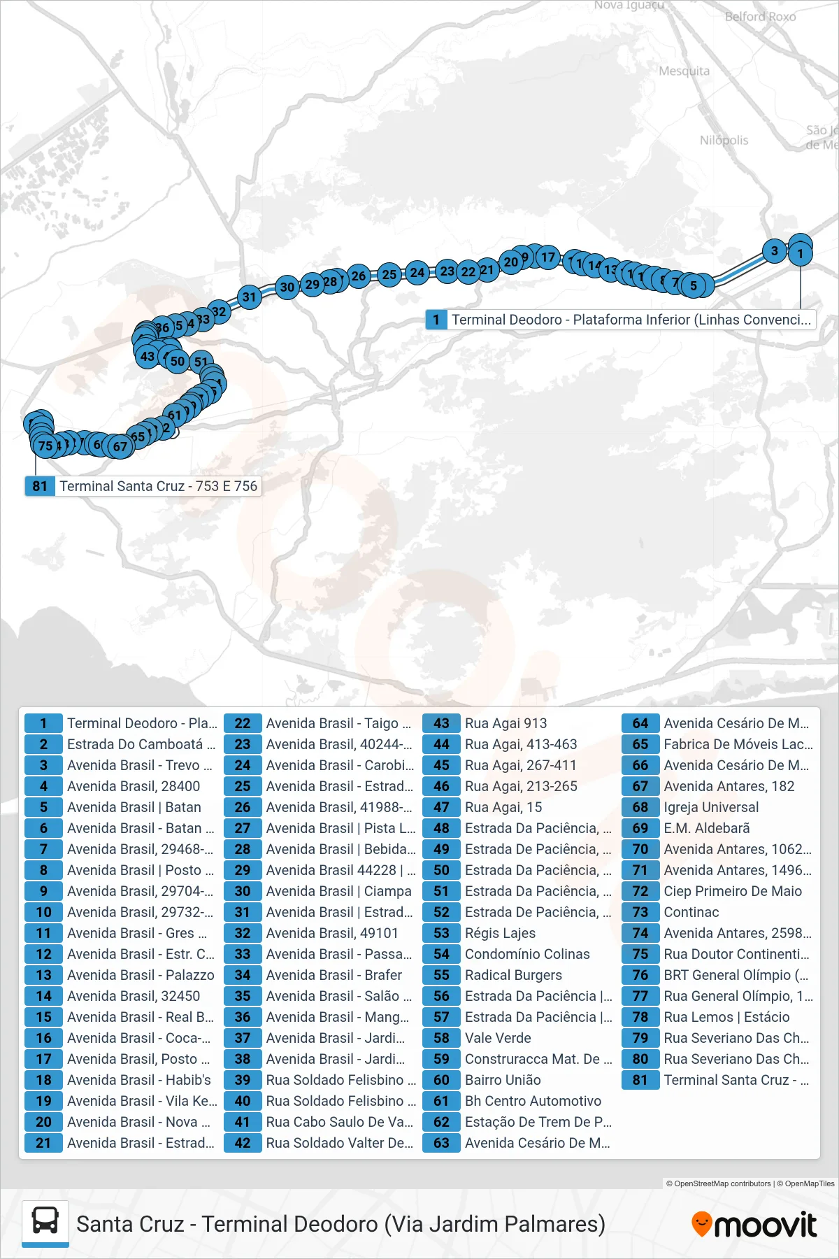 Rota e paradas da linha de ônibus 754 (Santa Cruz) no mapa