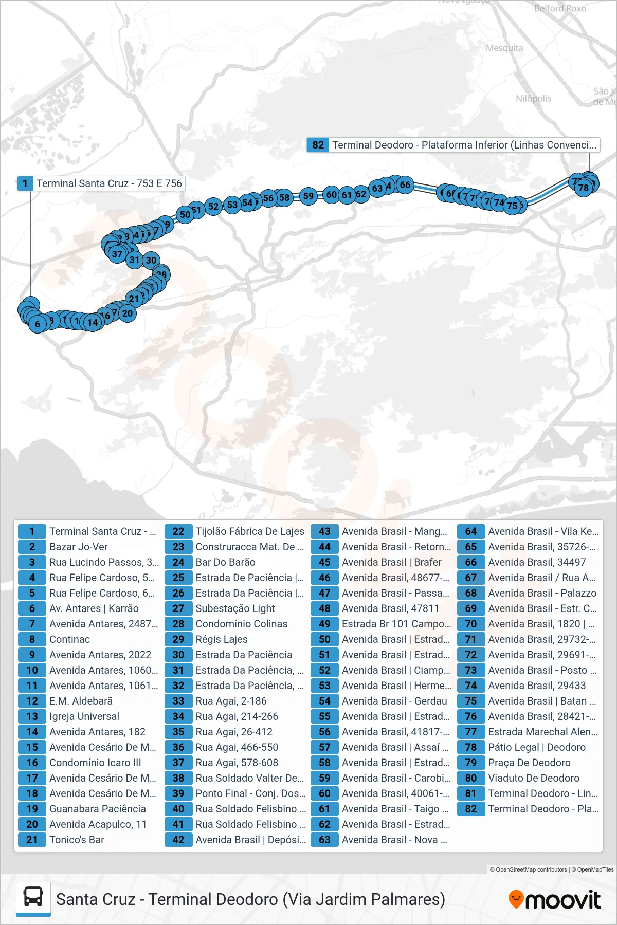 Rota e paradas da linha de ônibus 754 (Terminal Deodoro) no mapa