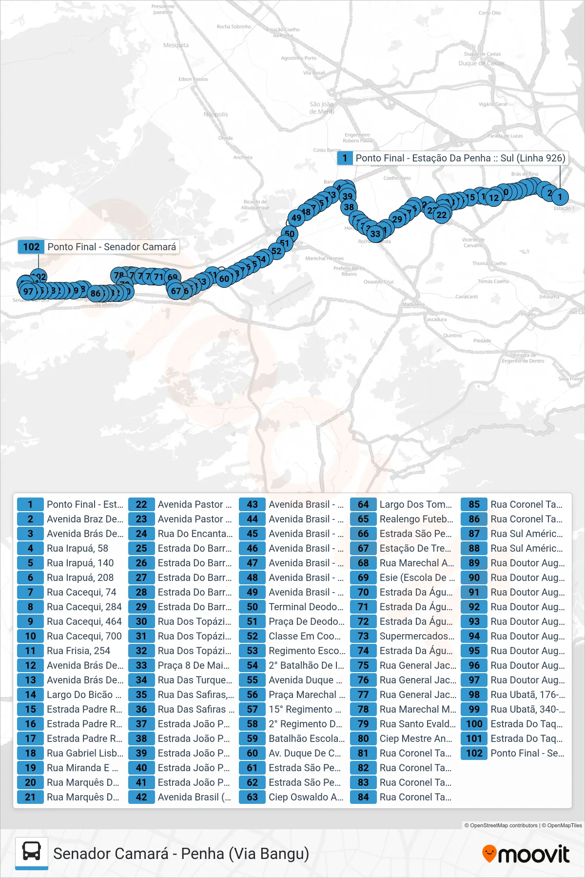 Rota e paradas da linha de ônibus 926 (Senador Camará) no mapa