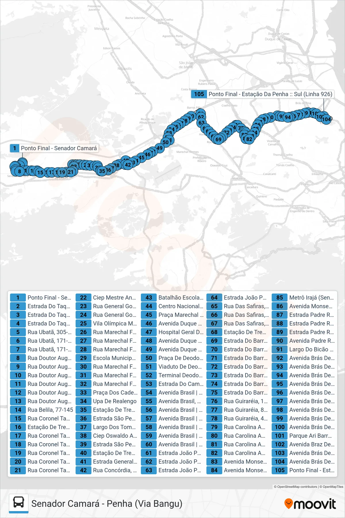 Rota e paradas da linha de ônibus 926 (Penha) no mapa