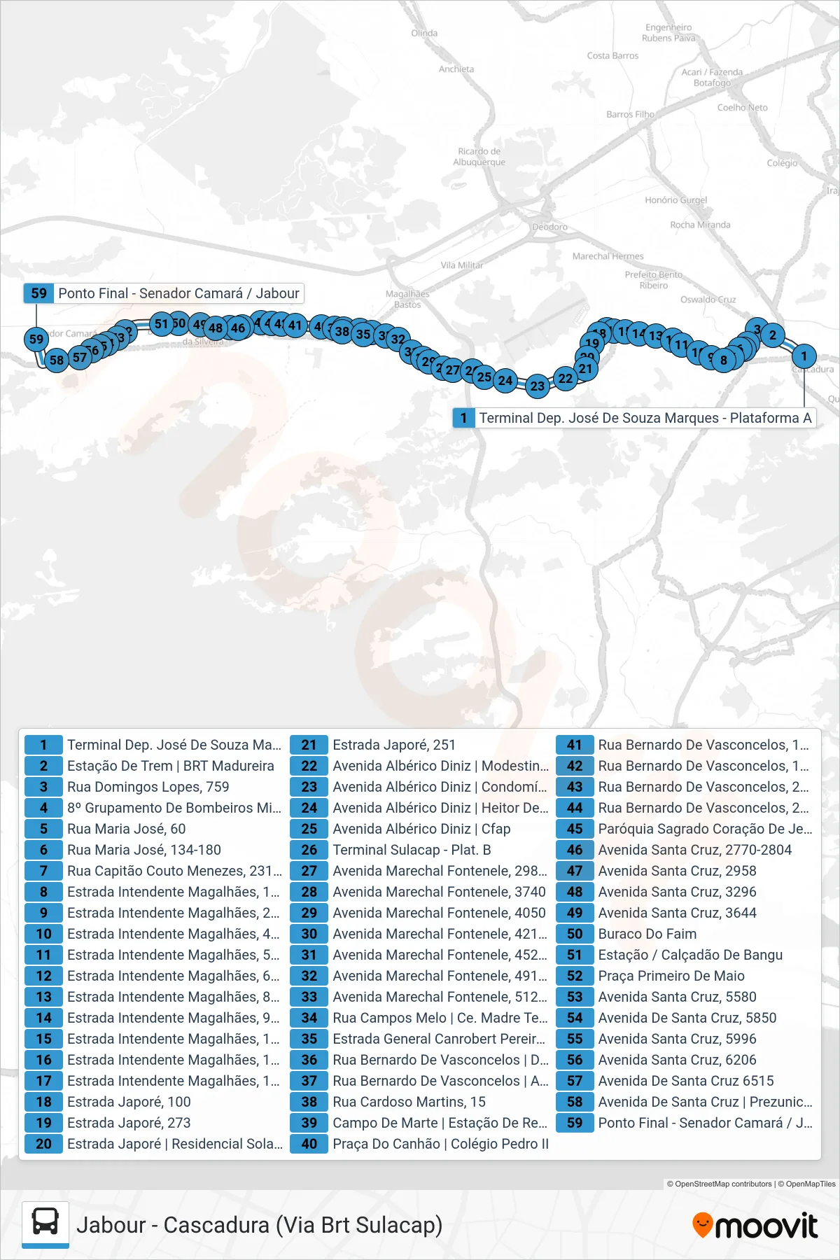 Rota e paradas da linha de ônibus 746 (Jabour) no mapa