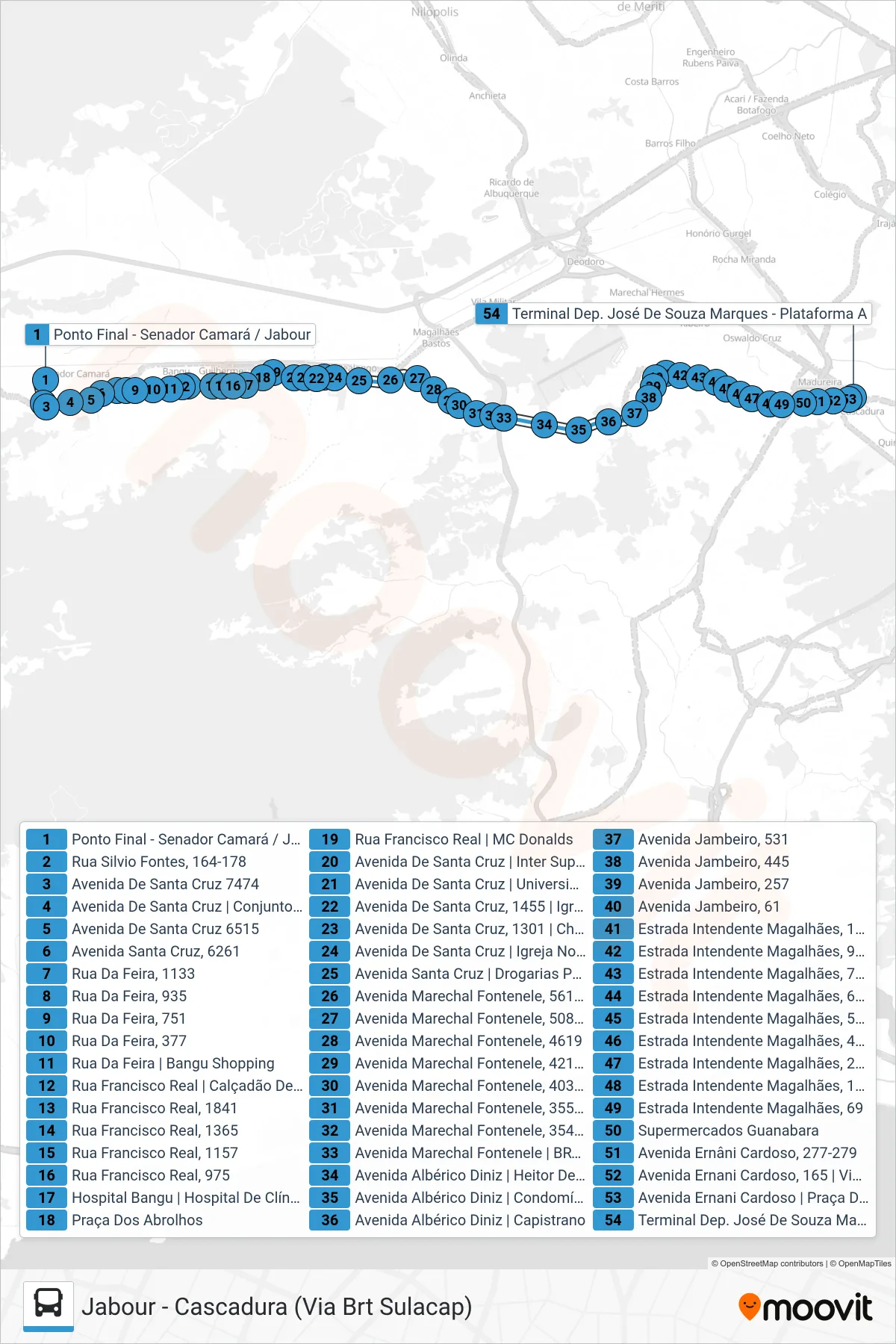 Rota e paradas da linha de ônibus 746 (Cascadura) no mapa