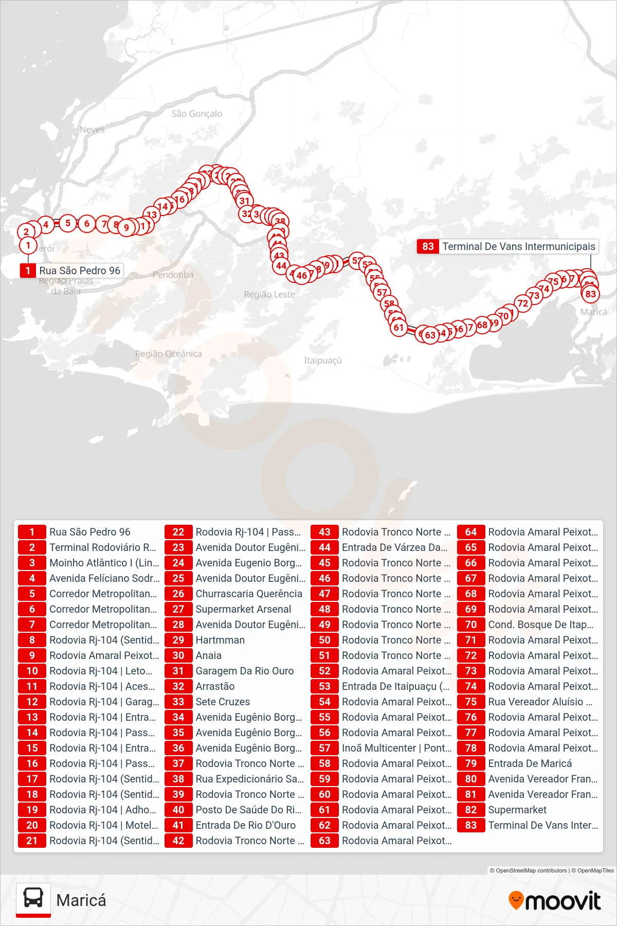 Rota e paradas da linha de ônibus M548 (Maricá) no mapa
