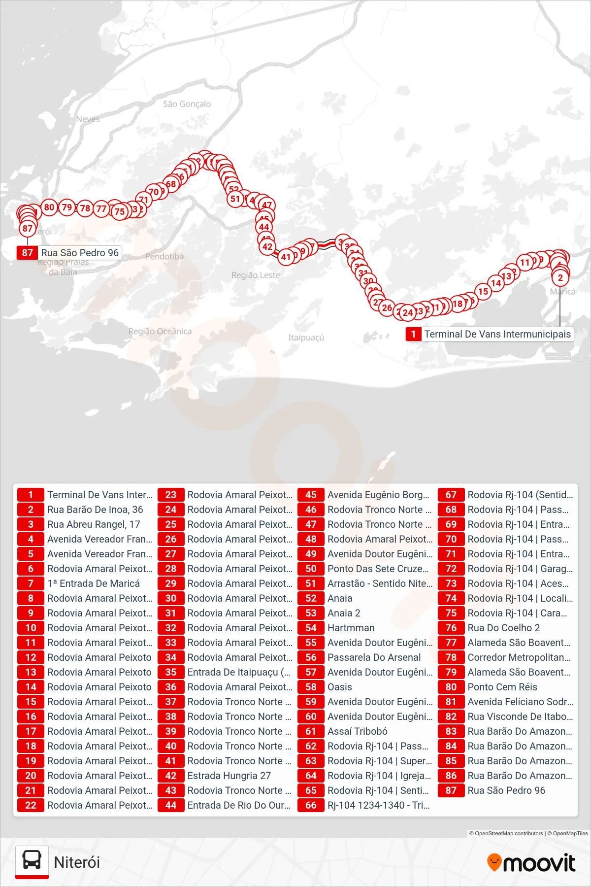 Rota e paradas da linha de ônibus M548 (Niterói) no mapa