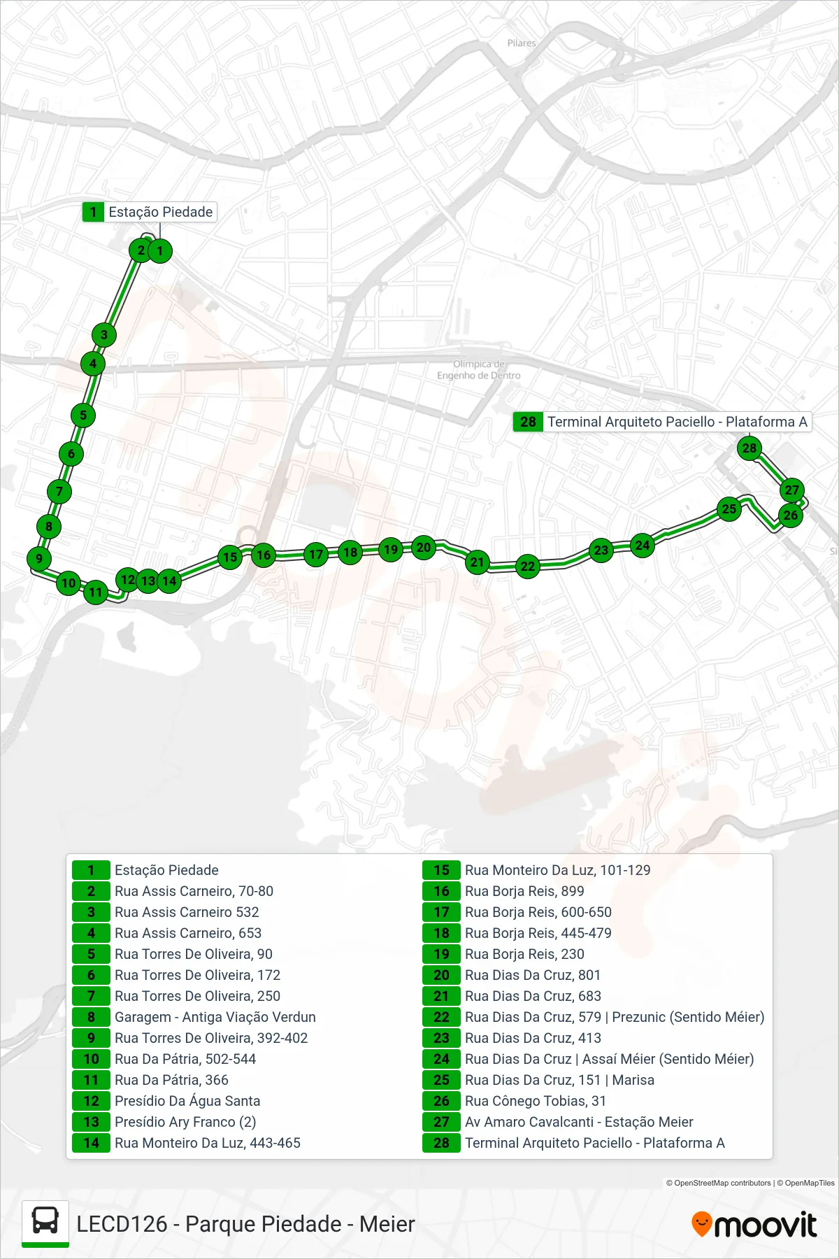 Rota e paradas da linha de ônibus  649  (Meier) no mapa