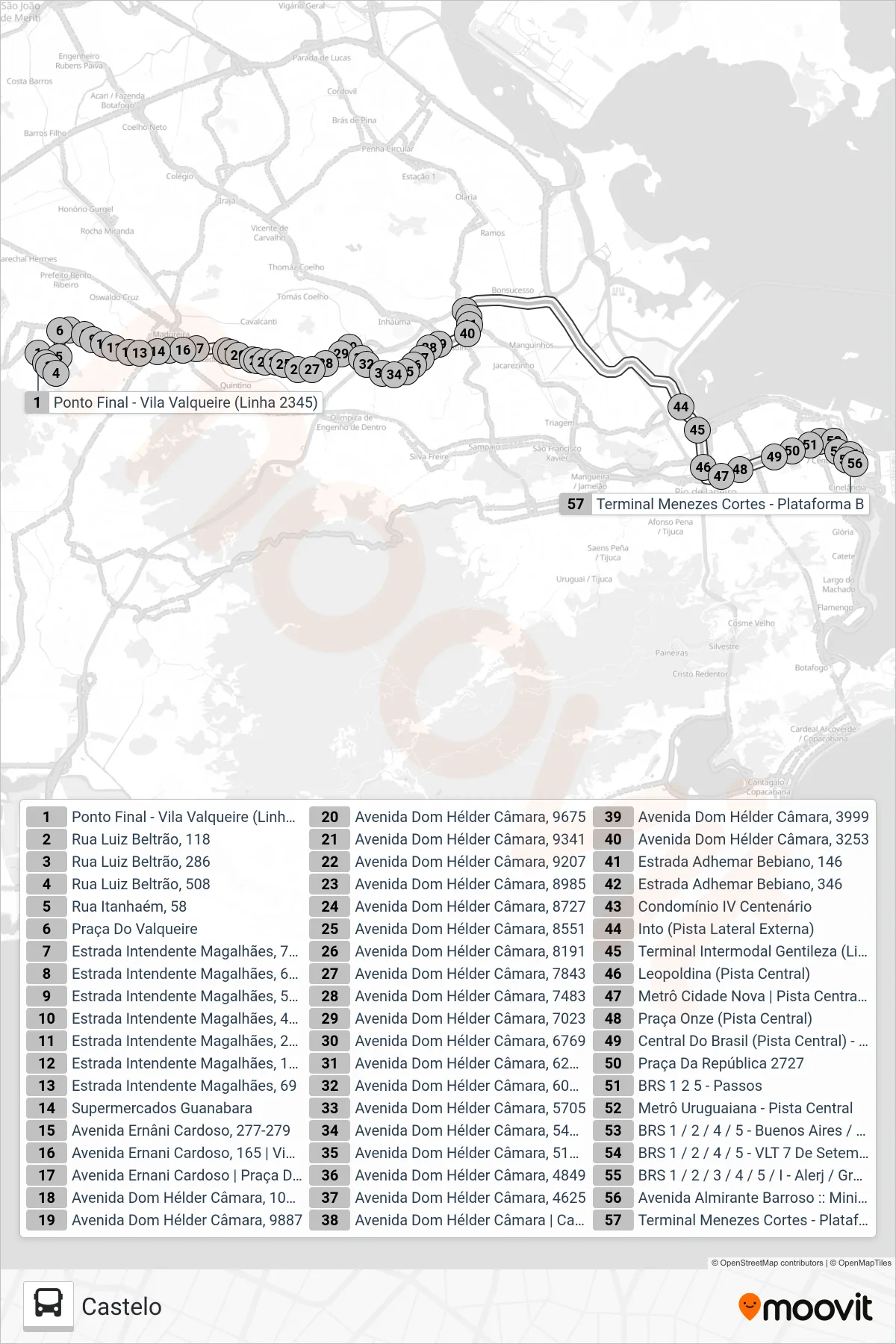 Rota e paradas da linha de ônibus 2345 (Castelo) no mapa