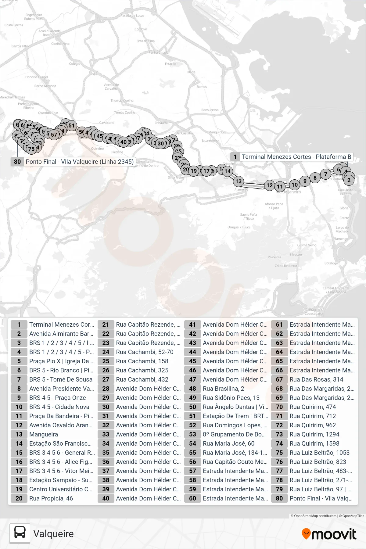 Rota e paradas da linha de ônibus  2345  (Valqueire) no mapa
