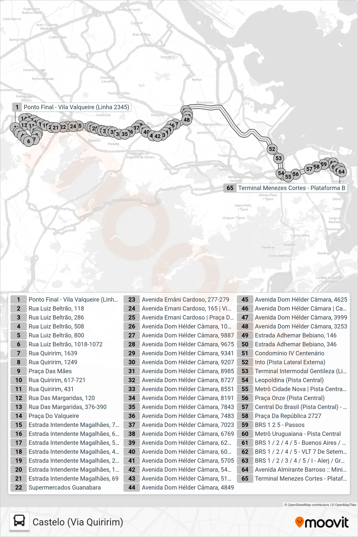 Rota e paradas da linha de ônibus 2345 (Castelo (Via Quiririm)) no mapa