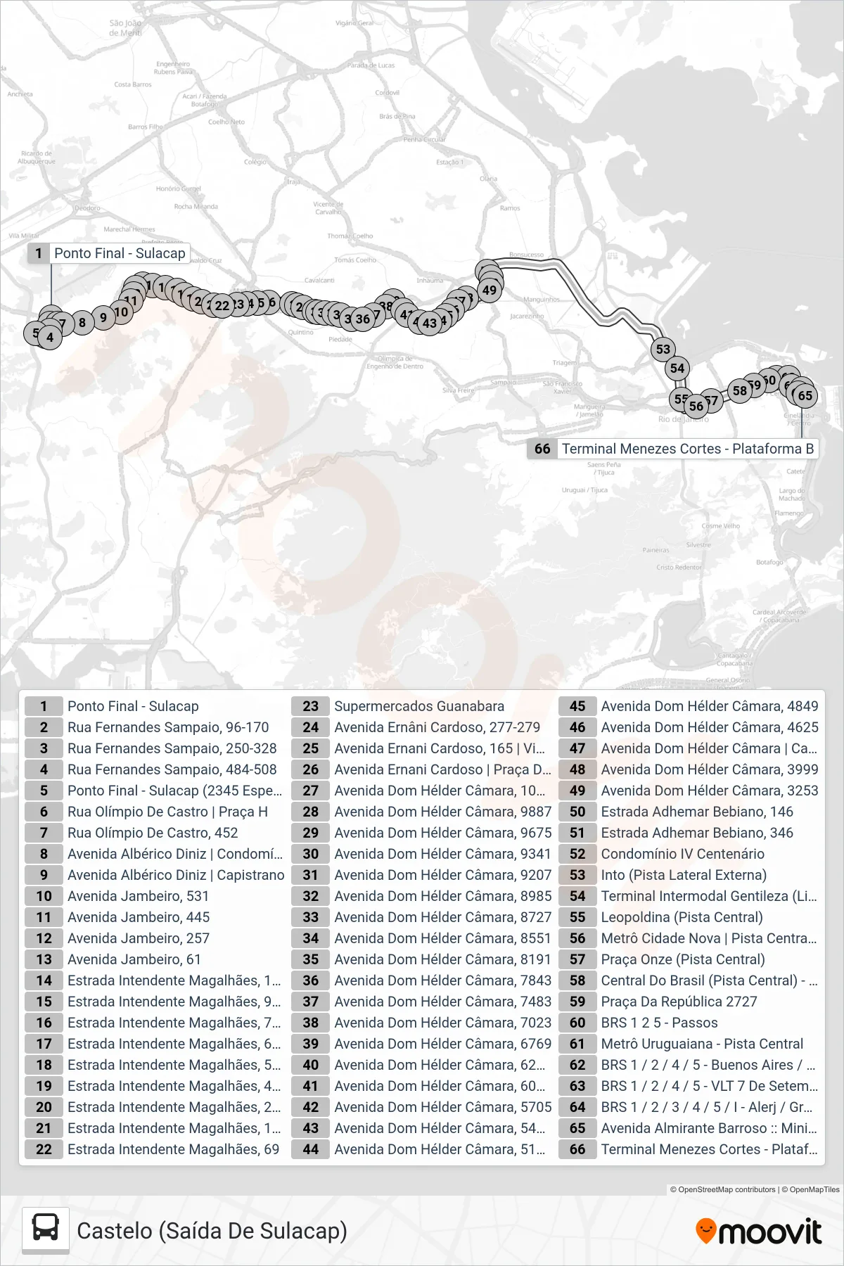Rota e paradas da linha de ônibus 2345 (Castelo (Saída De Sulacap)) no mapa