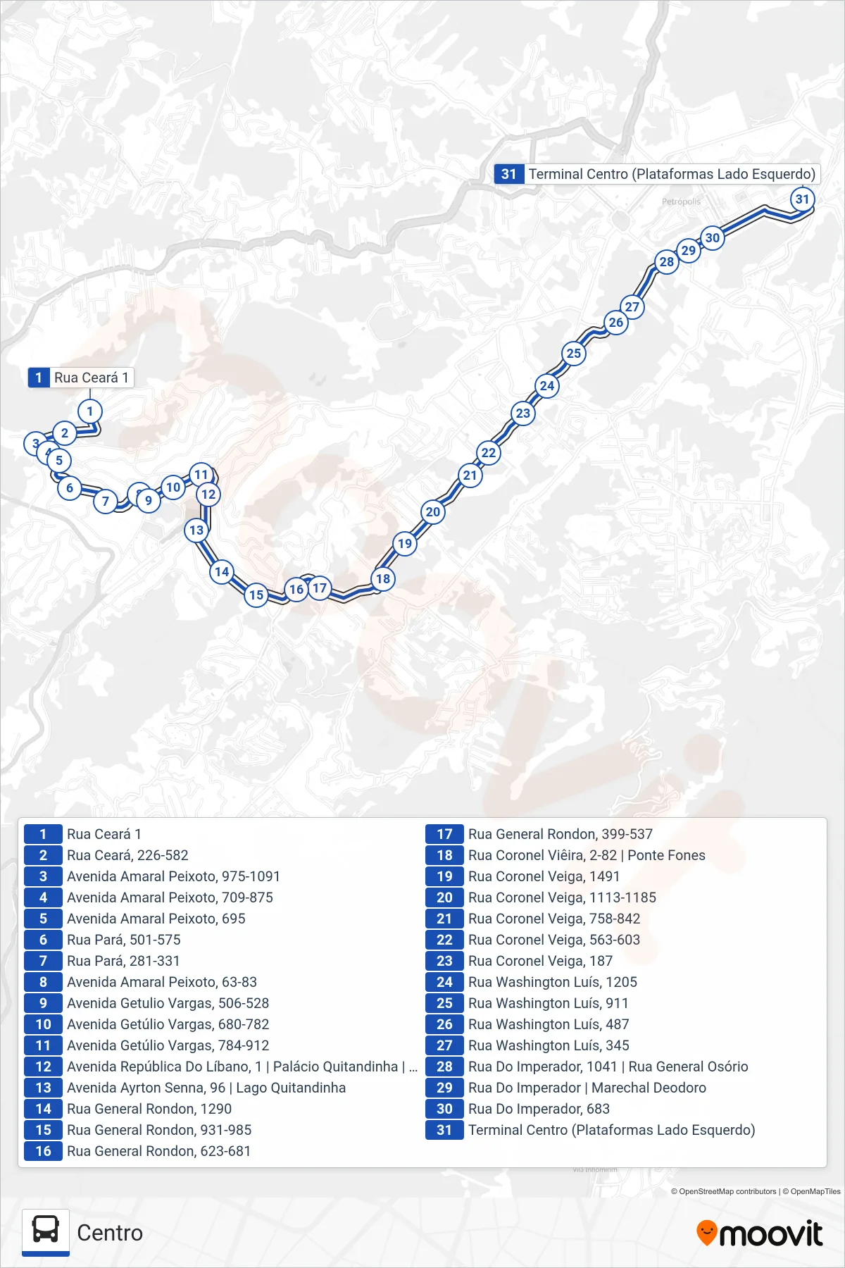 Rota e paradas da linha de ônibus 654 (Centro) no mapa