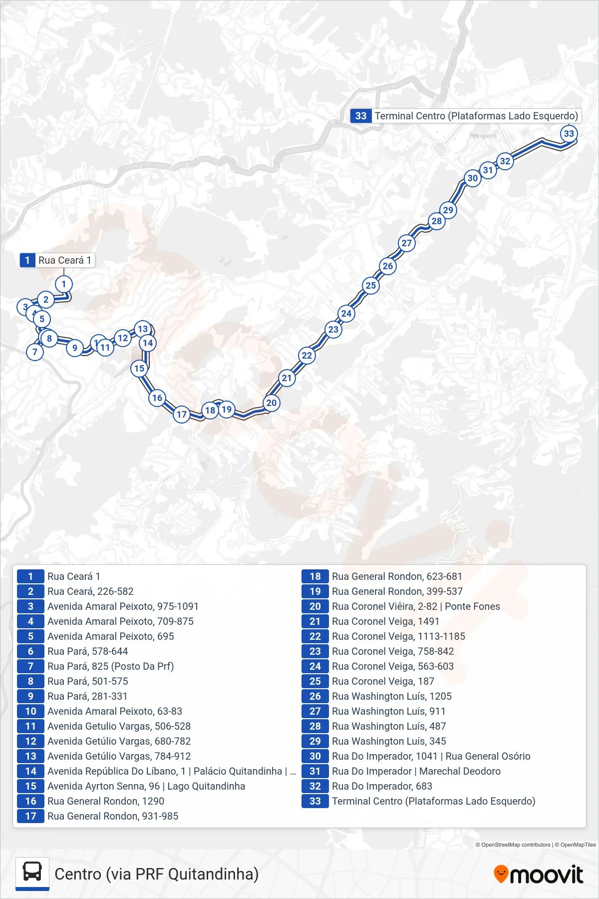 Rota e paradas da linha de ônibus 654 (Centro (via PRF Quitandinha)) no mapa