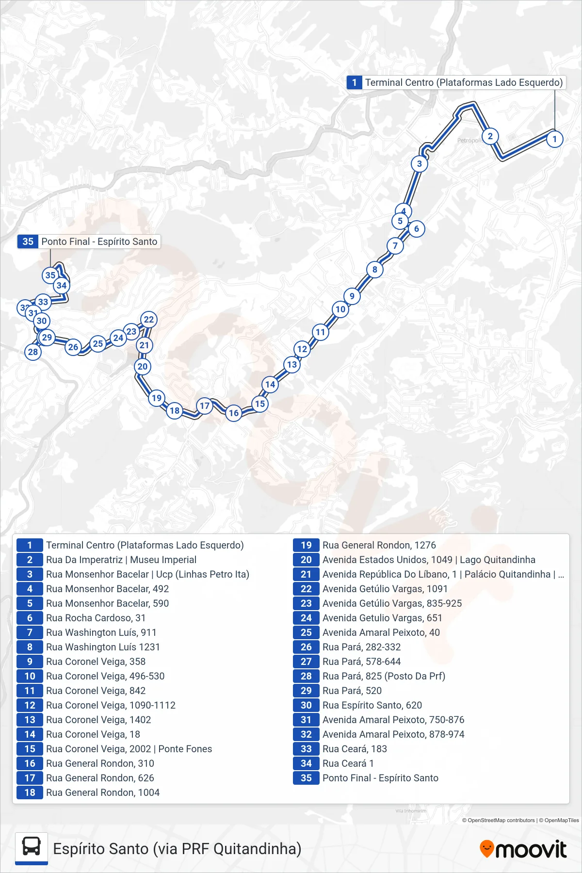 Rota e paradas da linha de ônibus 654 (Espírito Santo (via PRF Quitandinha)) no mapa