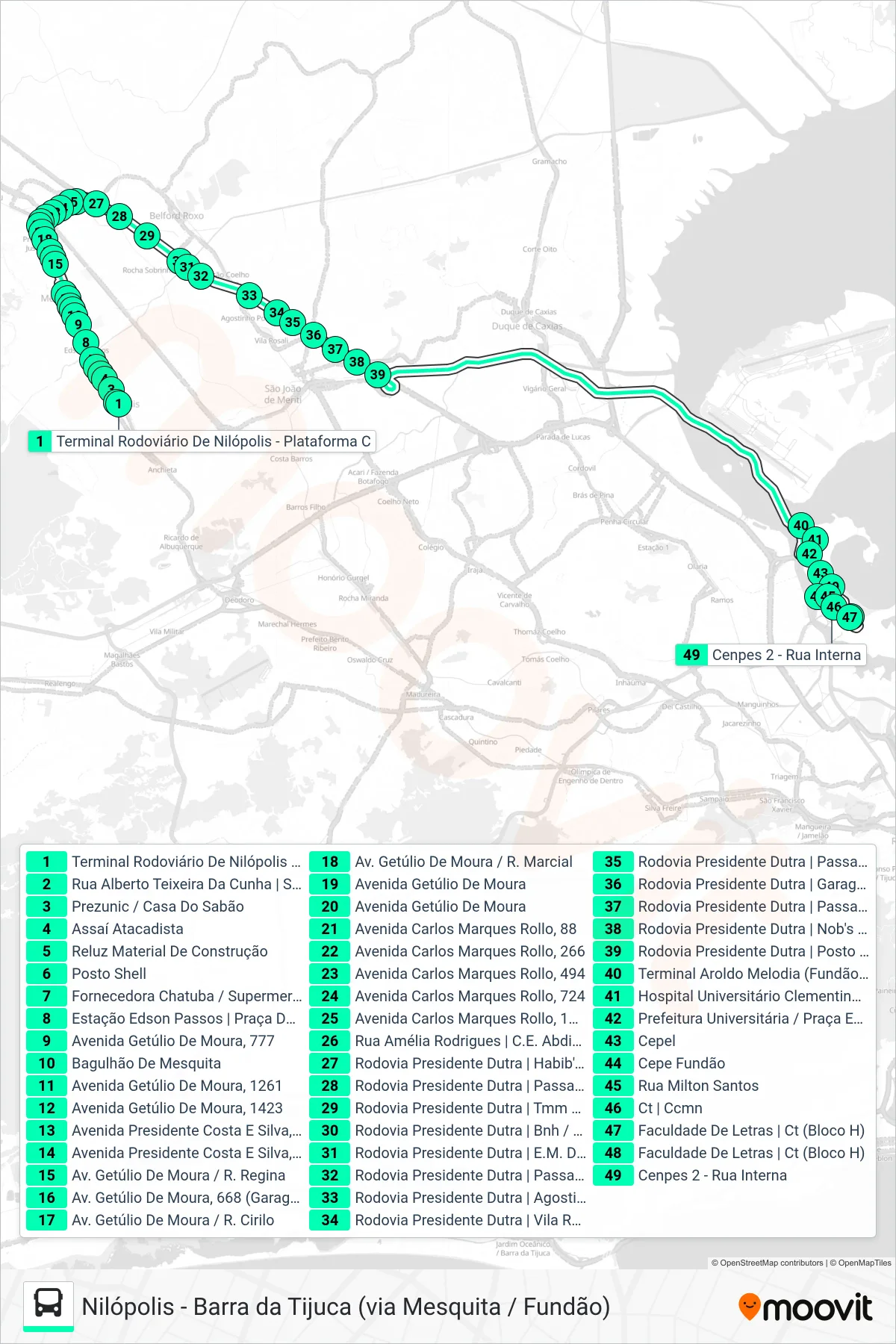 Rota e paradas da linha de ônibus 420T (Fundão) no mapa
