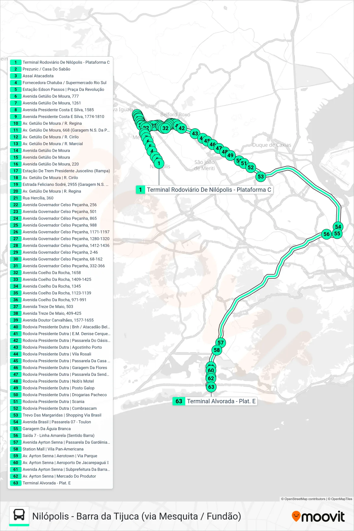 Rota e paradas da linha de ônibus 420T (Barra Da Tijuca (Expresso)) no mapa