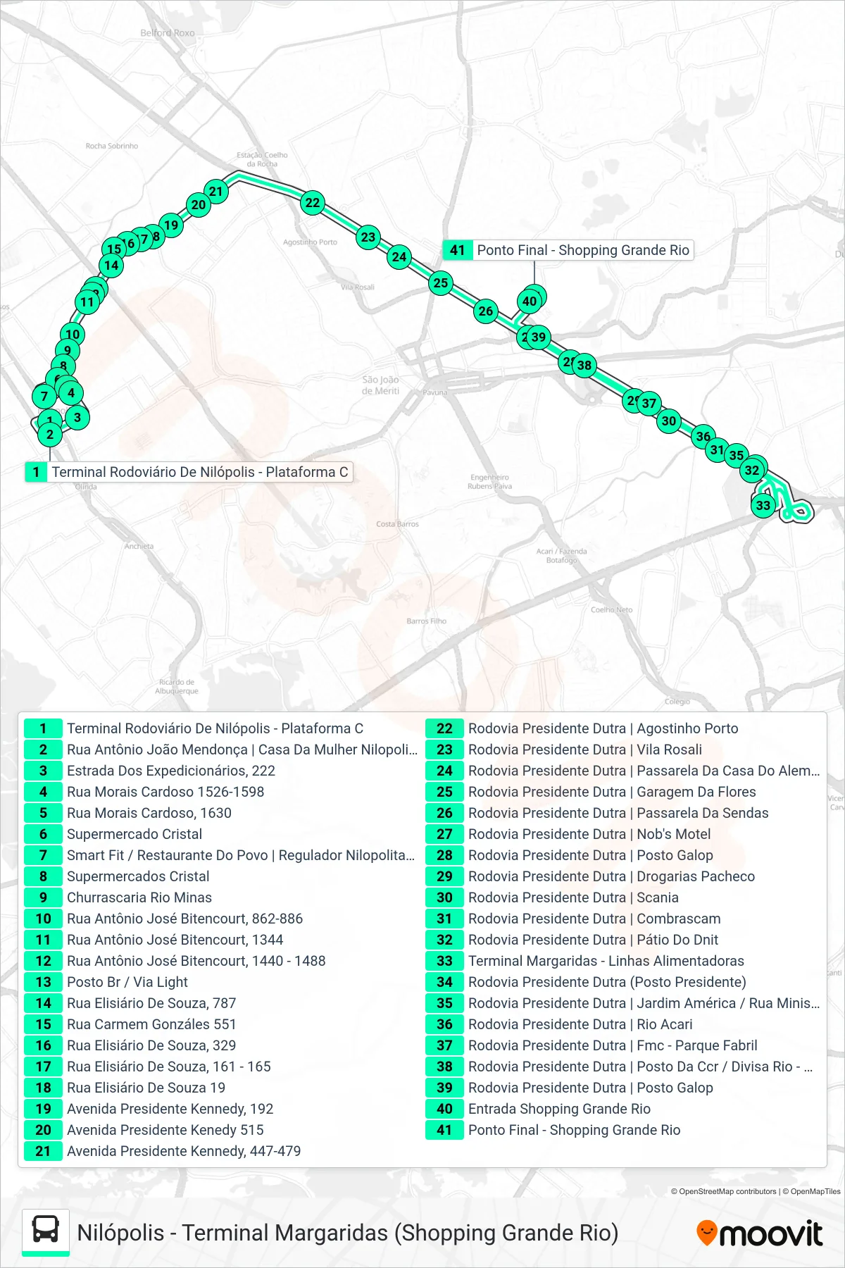 Rota e paradas da linha de ônibus 516I (Terminal Margaridas) no mapa