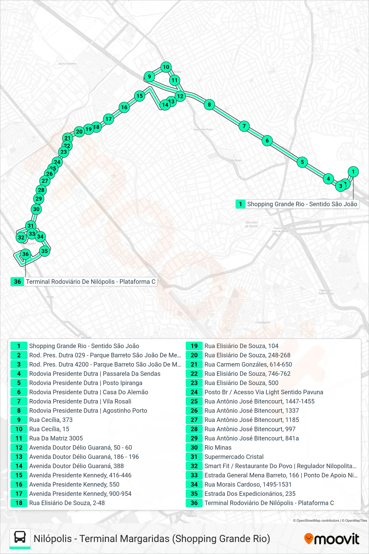 Rota e paradas da linha de ônibus 516I (Nilópolis) no mapa