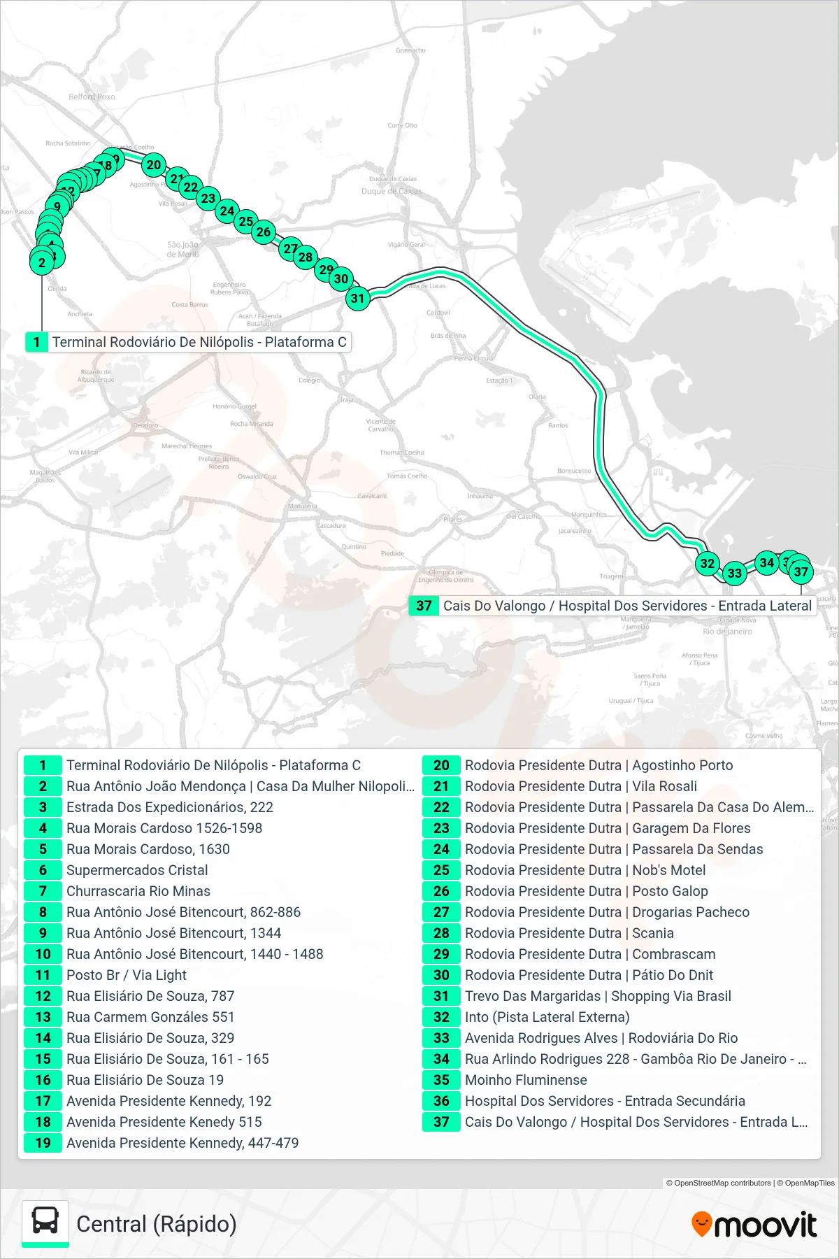 Rota e paradas da linha de ônibus 129B (Central (Rápido)) no mapa