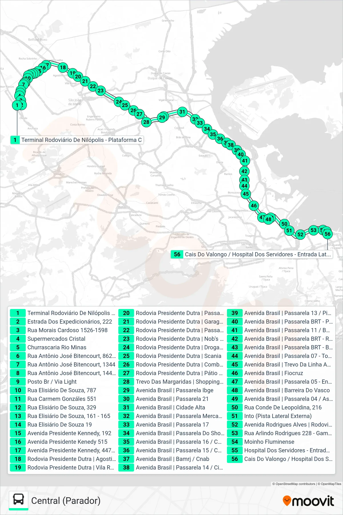 Rota e paradas da linha de ônibus 129B (Central (Parador)) no mapa