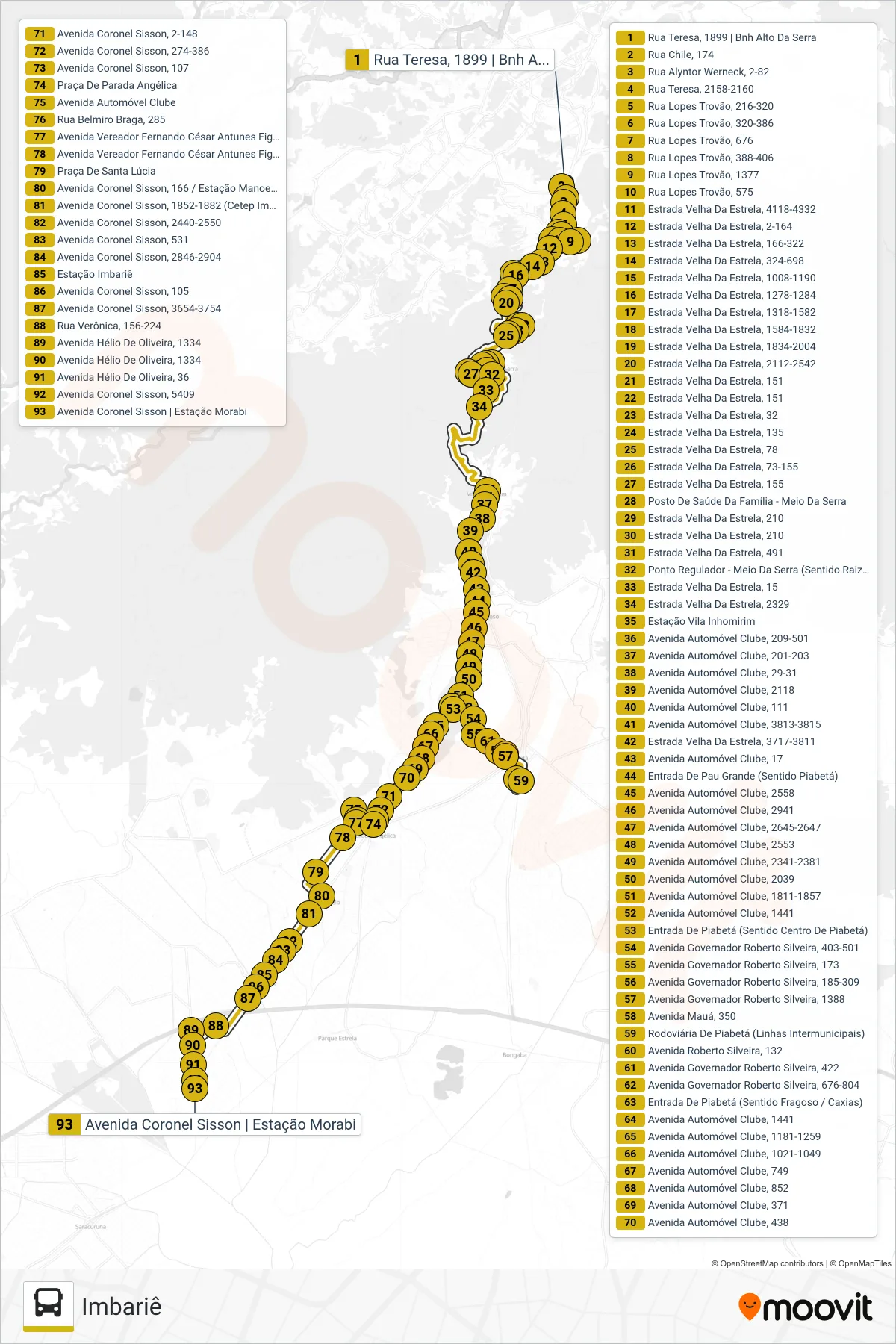 Rota e paradas da linha de ônibus 411 (Imbariê) no mapa