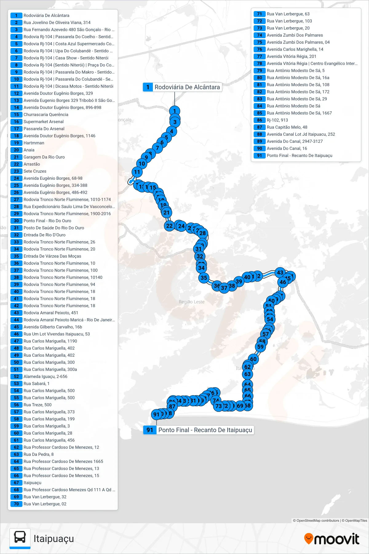 750R bus Line (Itaipuaçu) route and stops on a map