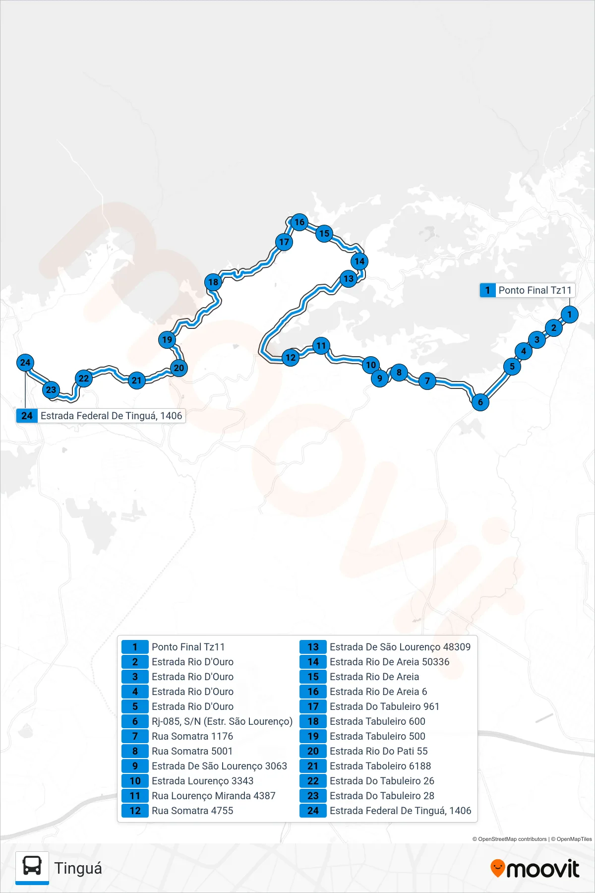 Rota e paradas da linha de ônibus TZ11 (Tinguá) no mapa
