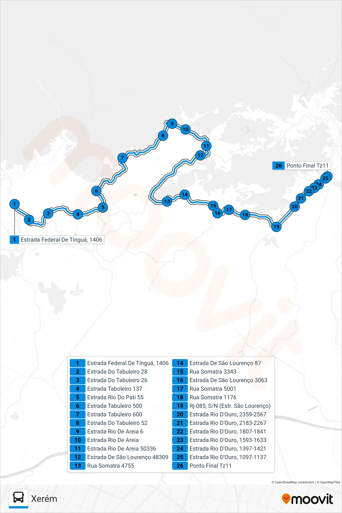 Rota e paradas da linha de ônibus TZ11 (Xerém) no mapa