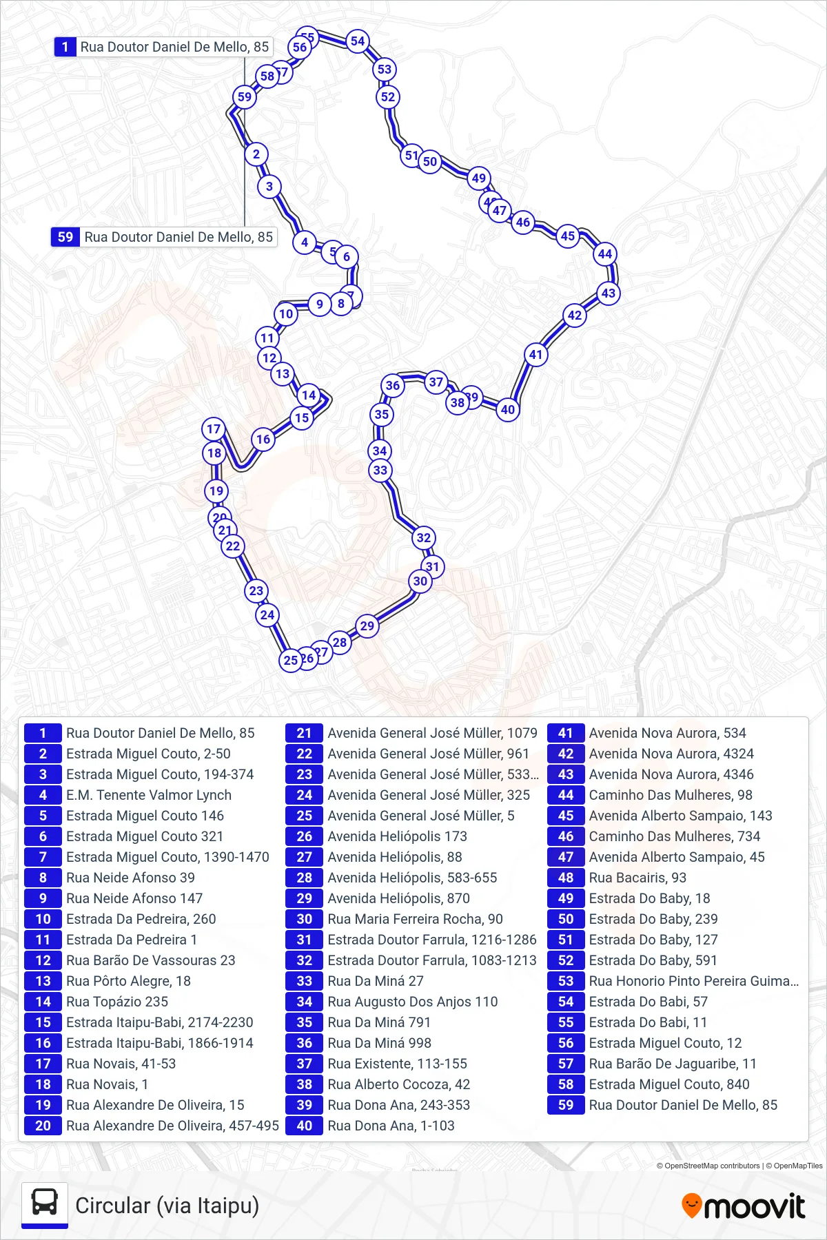 Rota e paradas da linha de ônibus TZ02B (Circular (via Itaipu)) no mapa