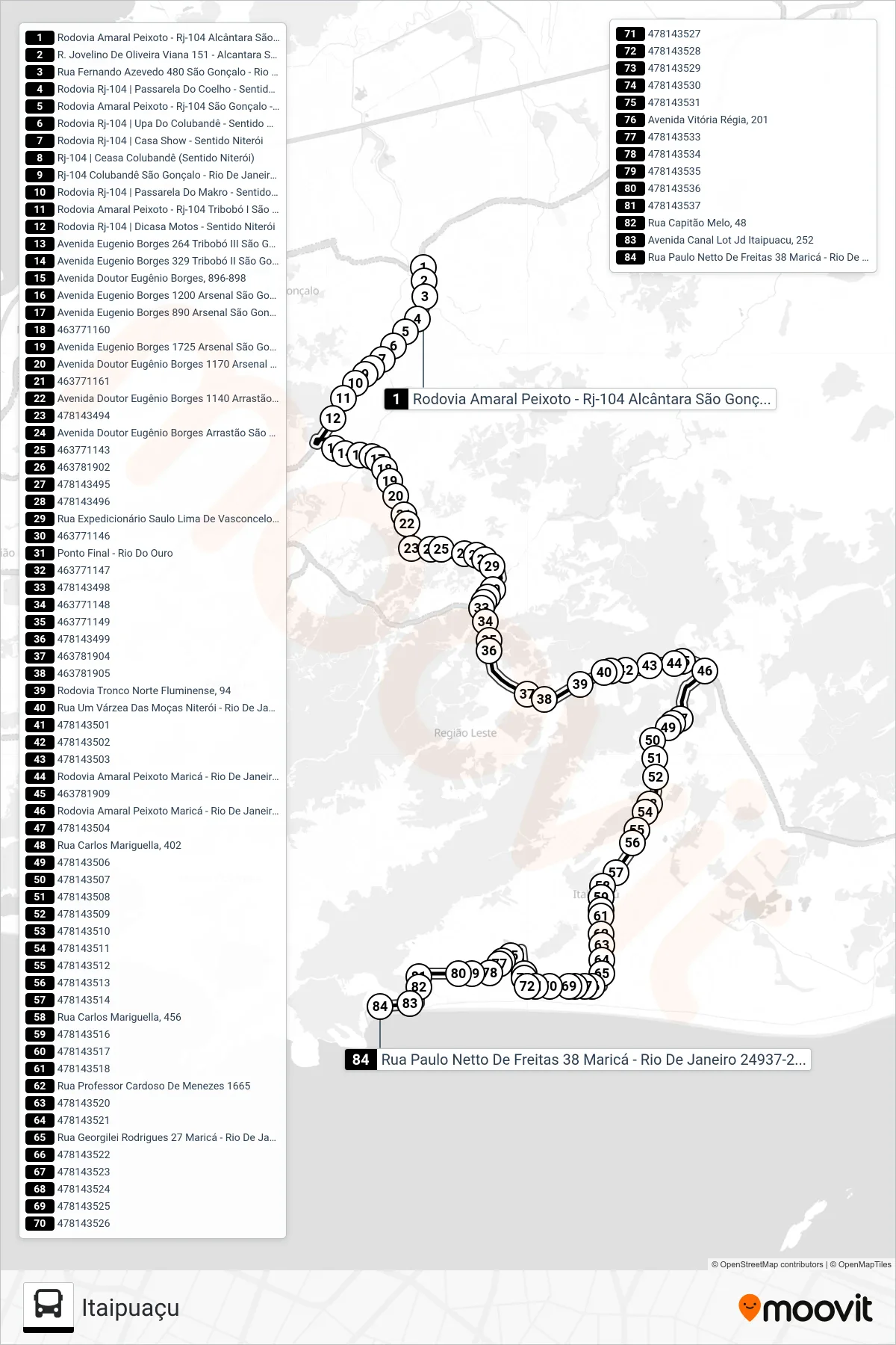 750R bus Line (Itaipuaçu) route and stops on a map
