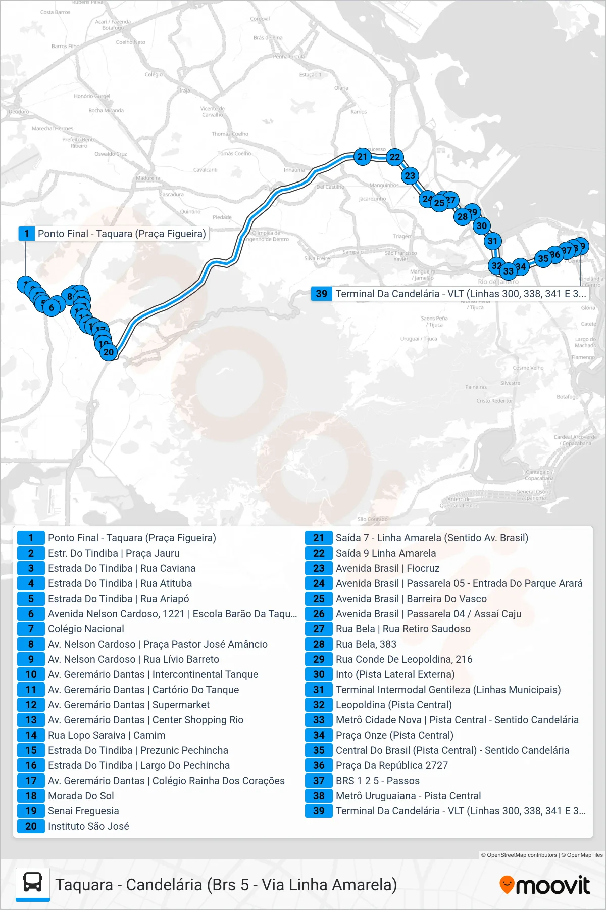 Rota e paradas da linha de ônibus 338 (Candelária) no mapa