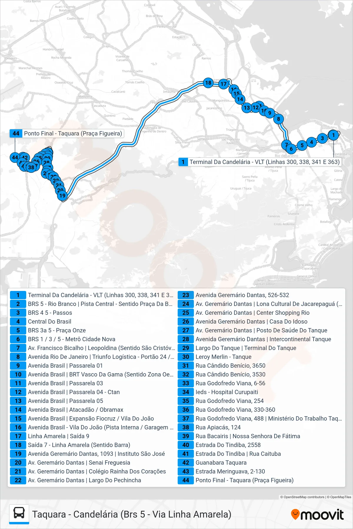 338 bus Line (Taquara) route and stops on a map