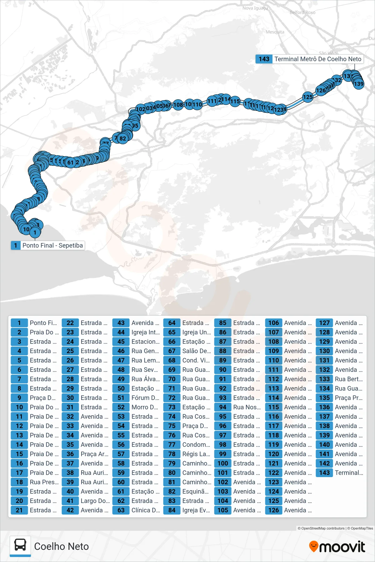 Rota e paradas da linha de ônibus 757 (Coelho Neto) no mapa