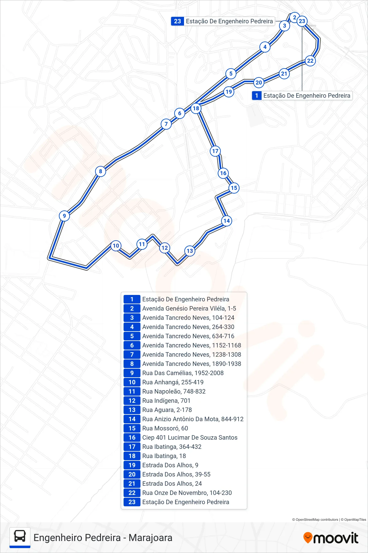 Rota e paradas da linha de ônibus TZ10 (Marajoara - Engenheiro Pedreira (Circular)) no mapa