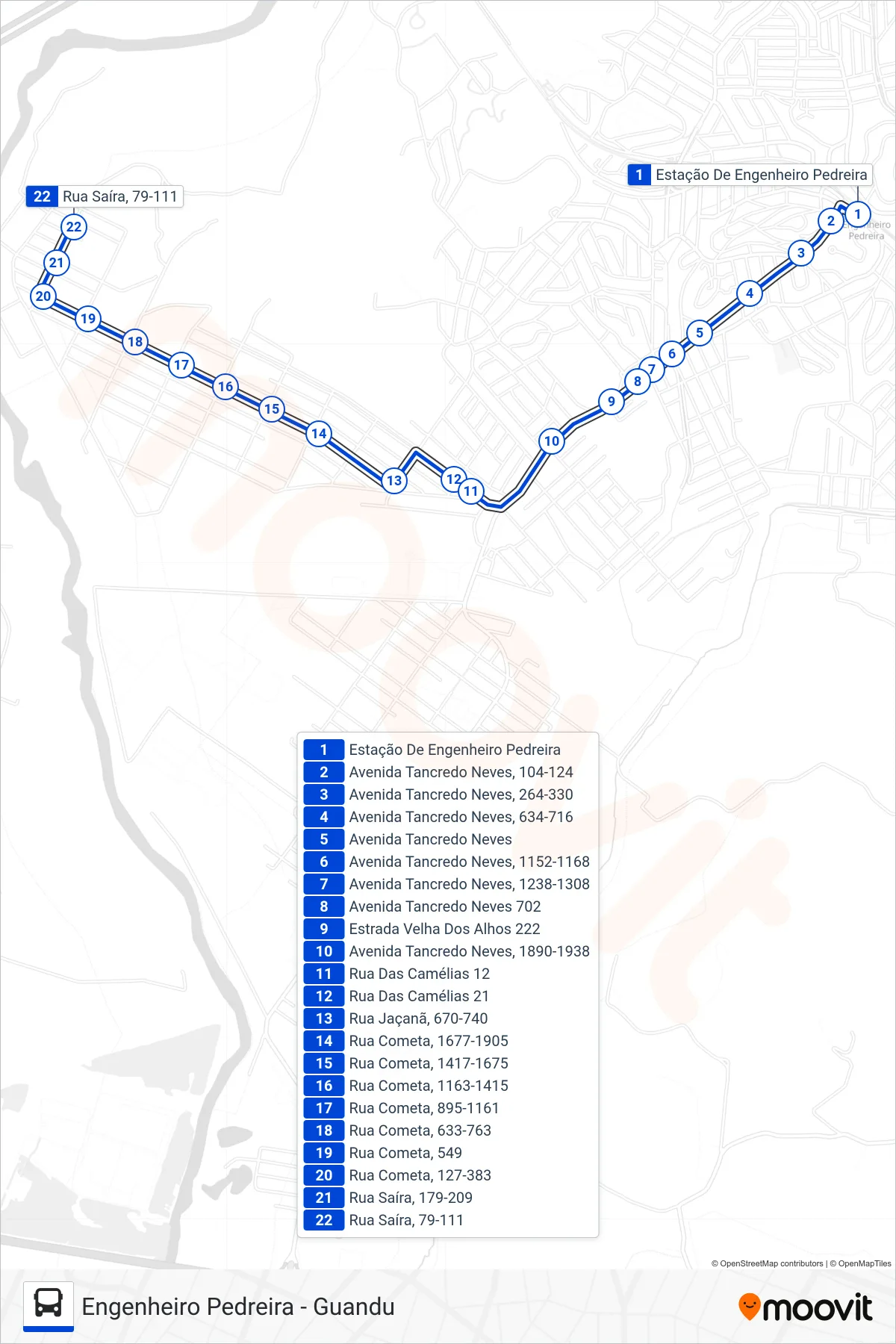 Rota e paradas da linha de ônibus TZ20 (Guandu) no mapa
