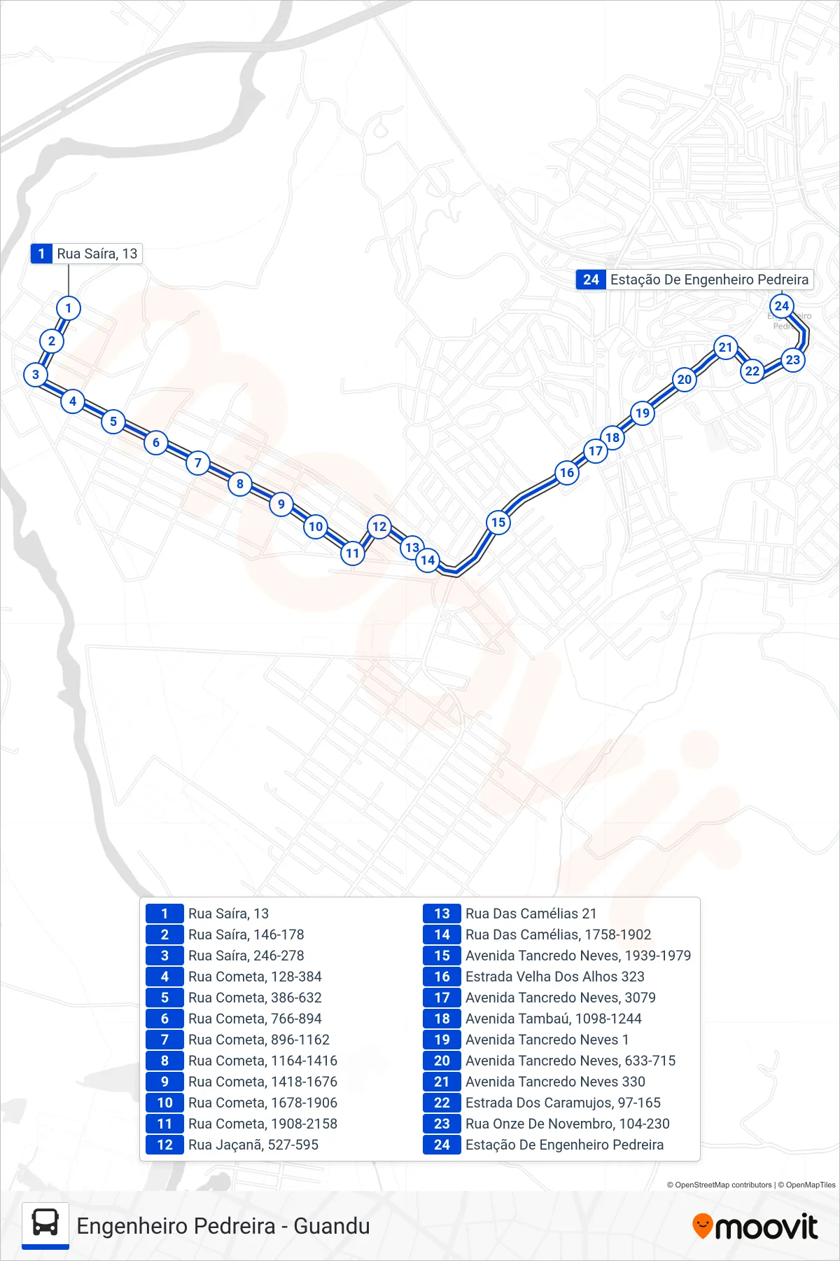 Rota e paradas da linha de ônibus TZ20 (Engenheiro Pedreira) no mapa