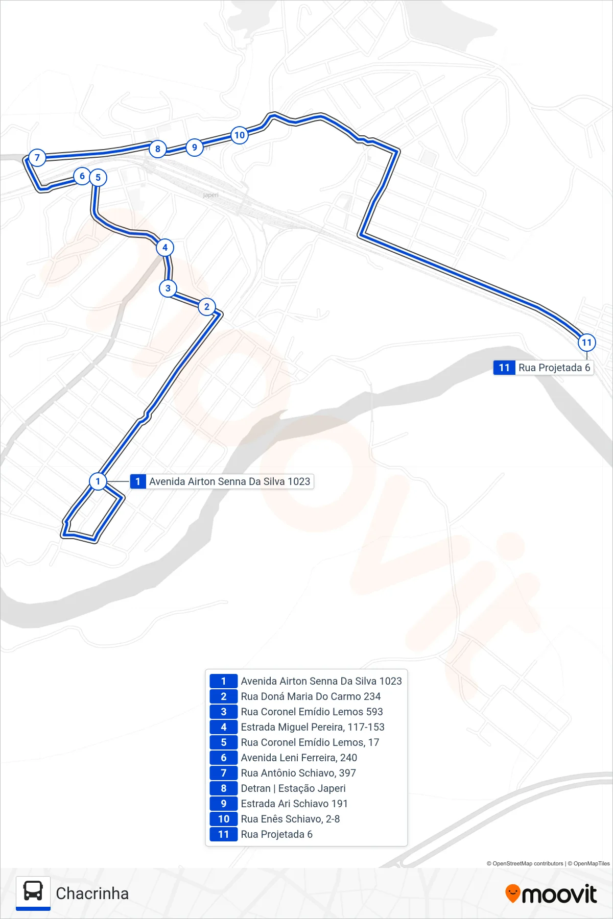 Rota e paradas da linha de ônibus TZ30 (Chacrinha) no mapa