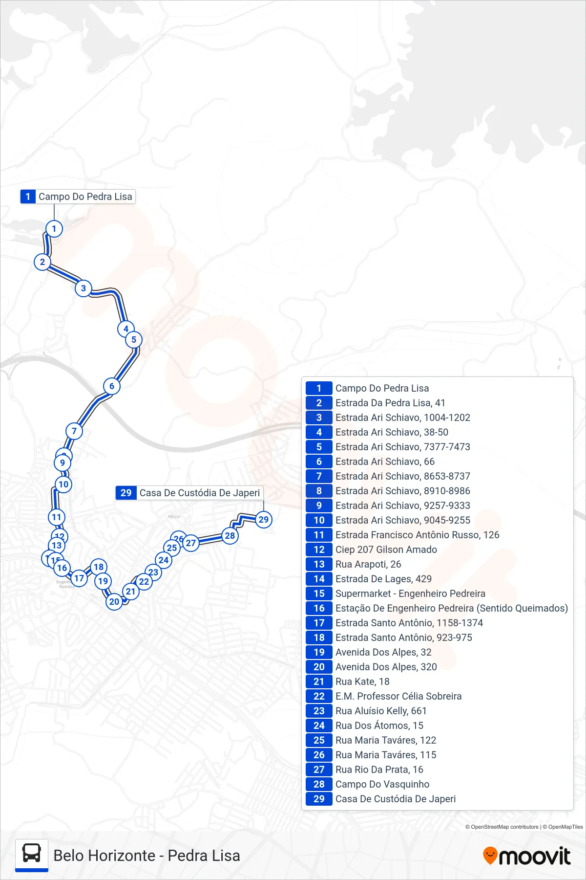 Rota e paradas da linha de ônibus TZ40 (Belo Horizonte) no mapa
