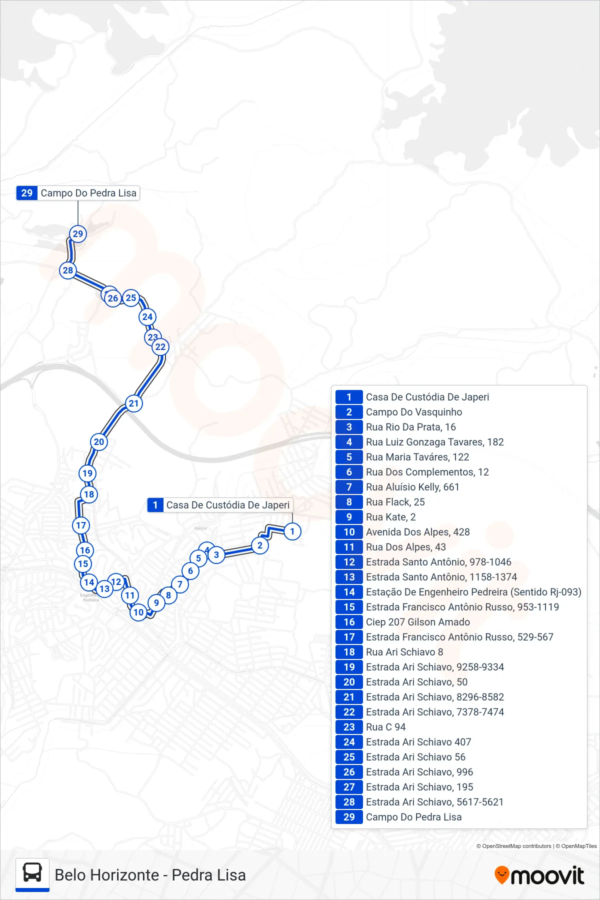 Rota e paradas da linha de ônibus TZ40 (Pedra Lisa) no mapa