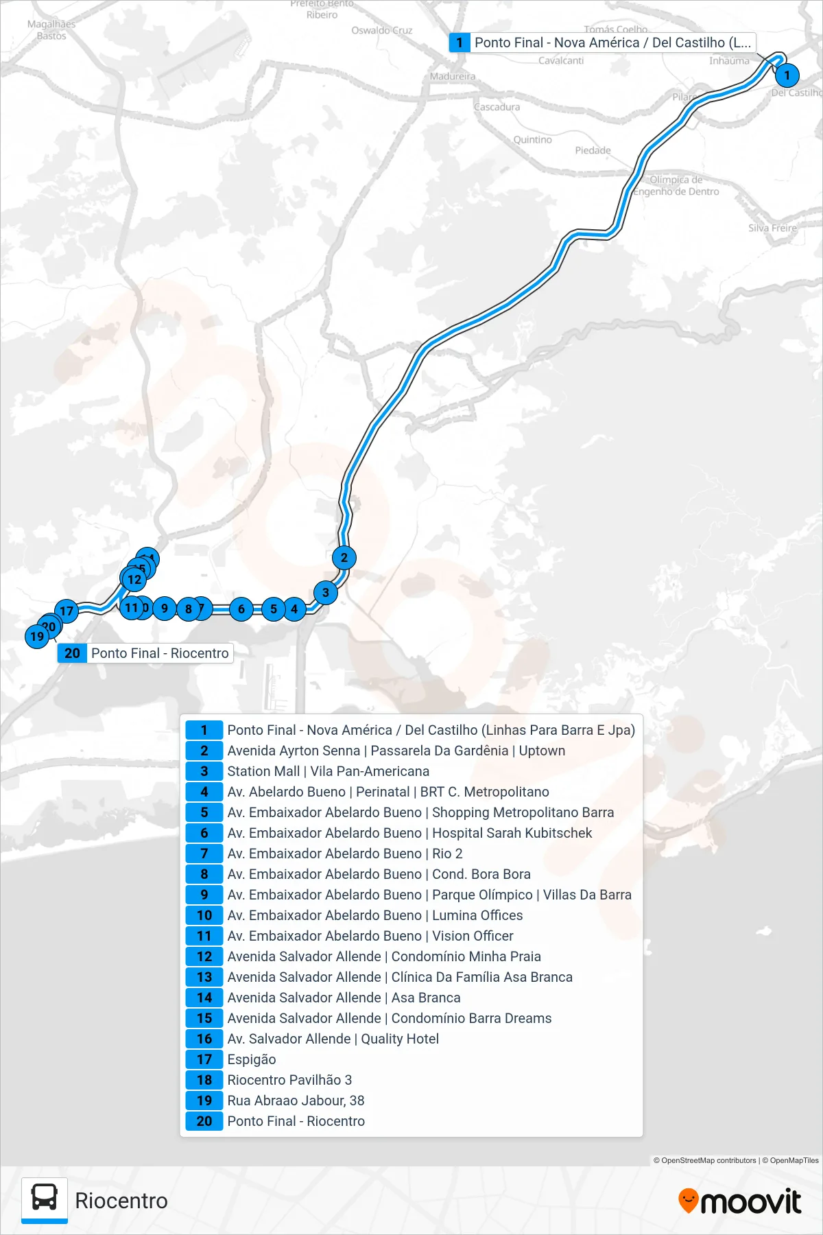 Rota e paradas da linha de ônibus SPA 613 (Riocentro) no mapa