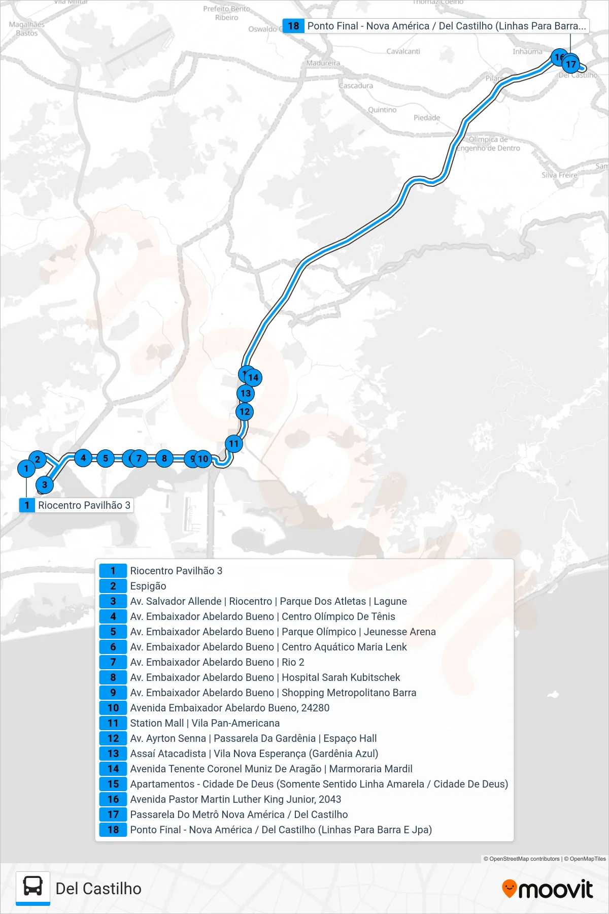 Rota e paradas da linha de ônibus  SPA 613  (Del Castilho) no mapa
