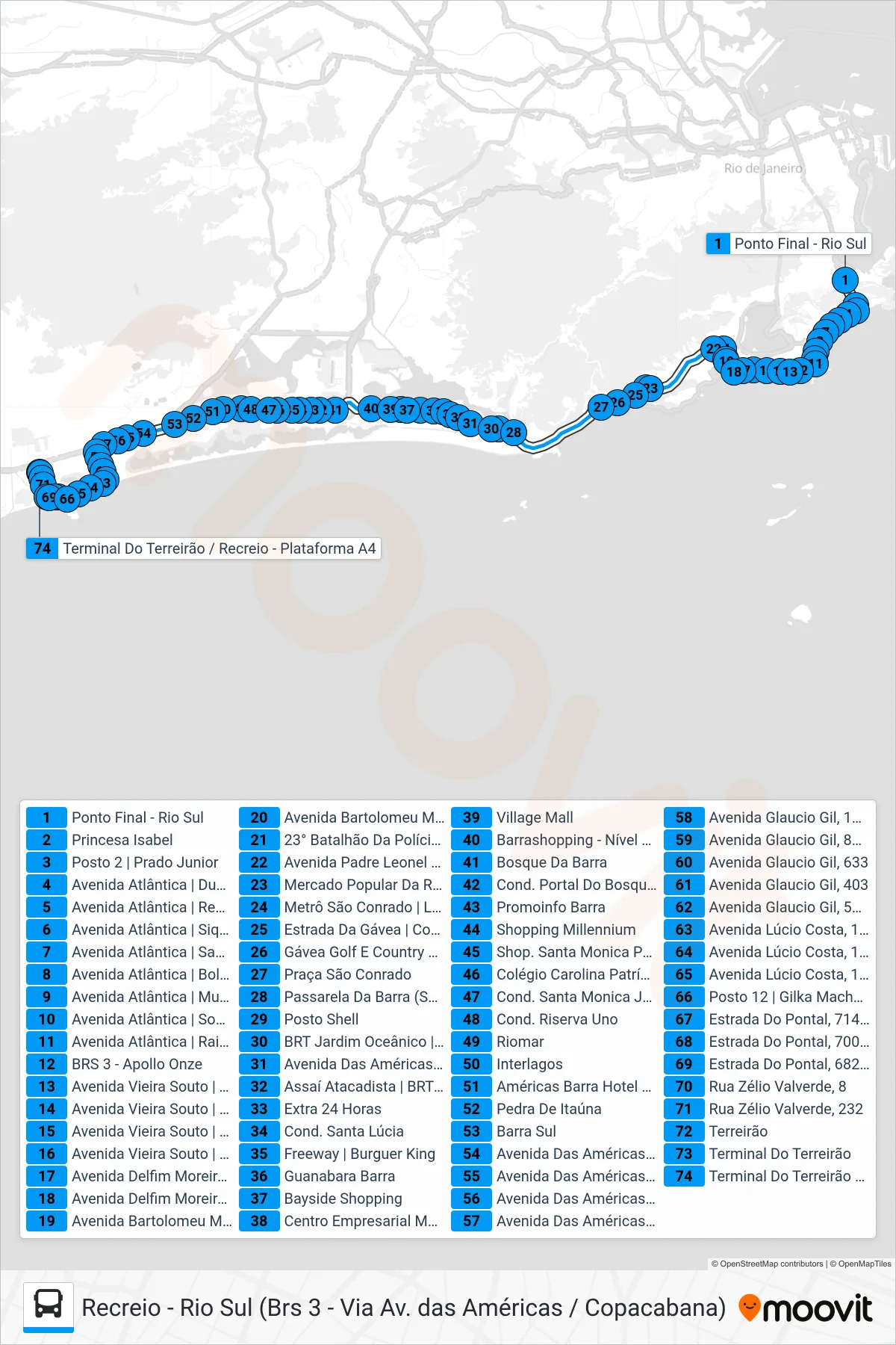 553 bus Line (Recreio) route and stops on a map