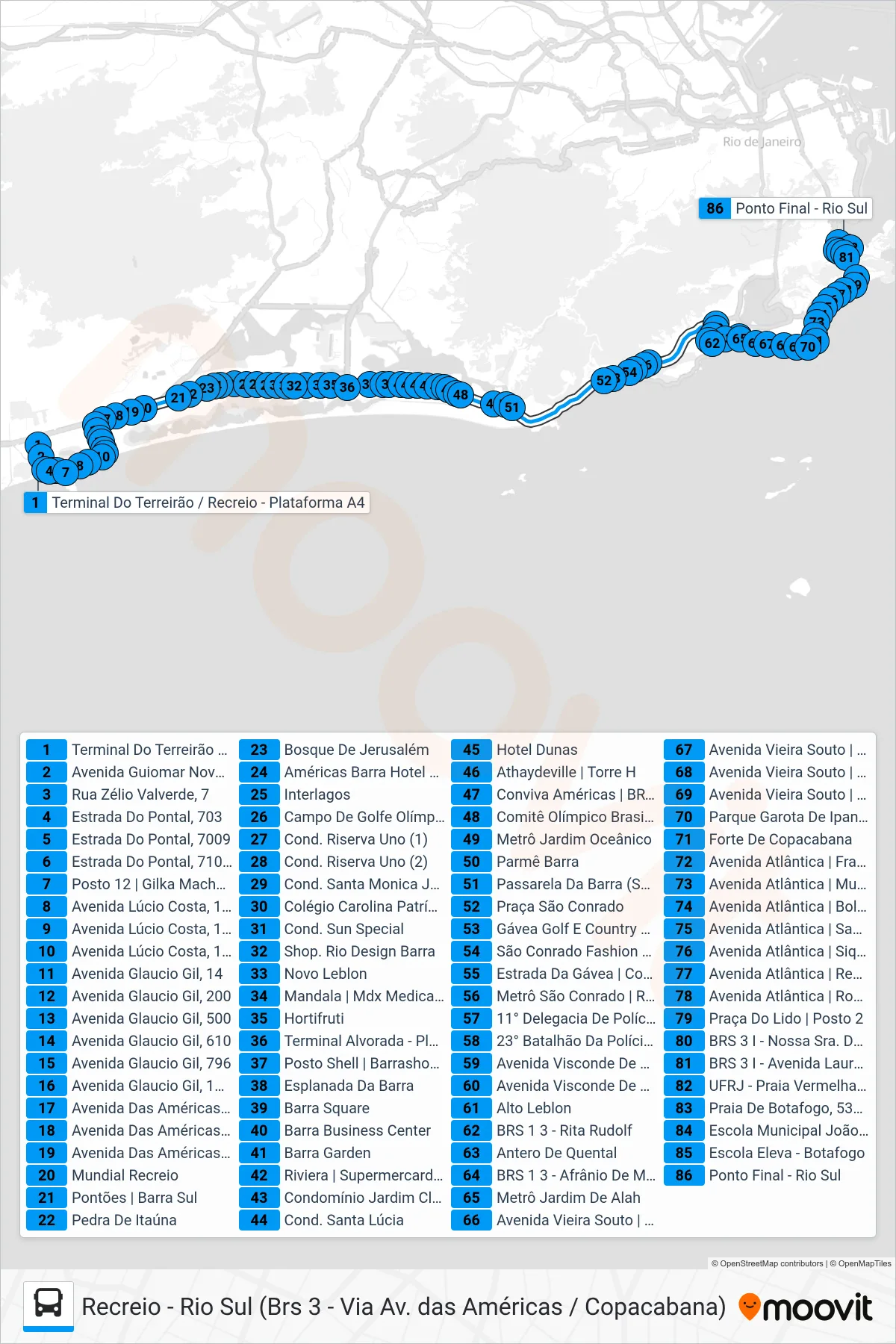 Rota e paradas da linha de ônibus 553 (Rio Sul) no mapa